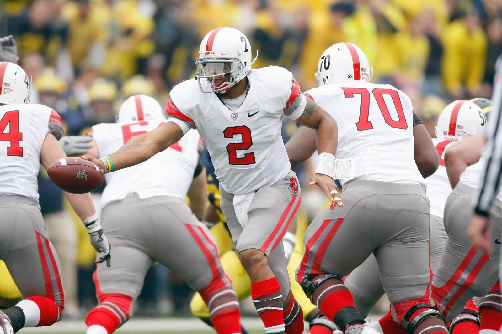 ANN ARBOR, MI - NOVEMBER 21:  Quarterback Terrelle Pryor #2 of the Ohio State Buckeyes hands off the ball during the game against the Michigan Wolverines on November 21, 2009 at Michigan Stadium in Ann Arbor, Michigan. Ohio State won the game 21-10. (Photo by Gregory Shamus/Getty Images)