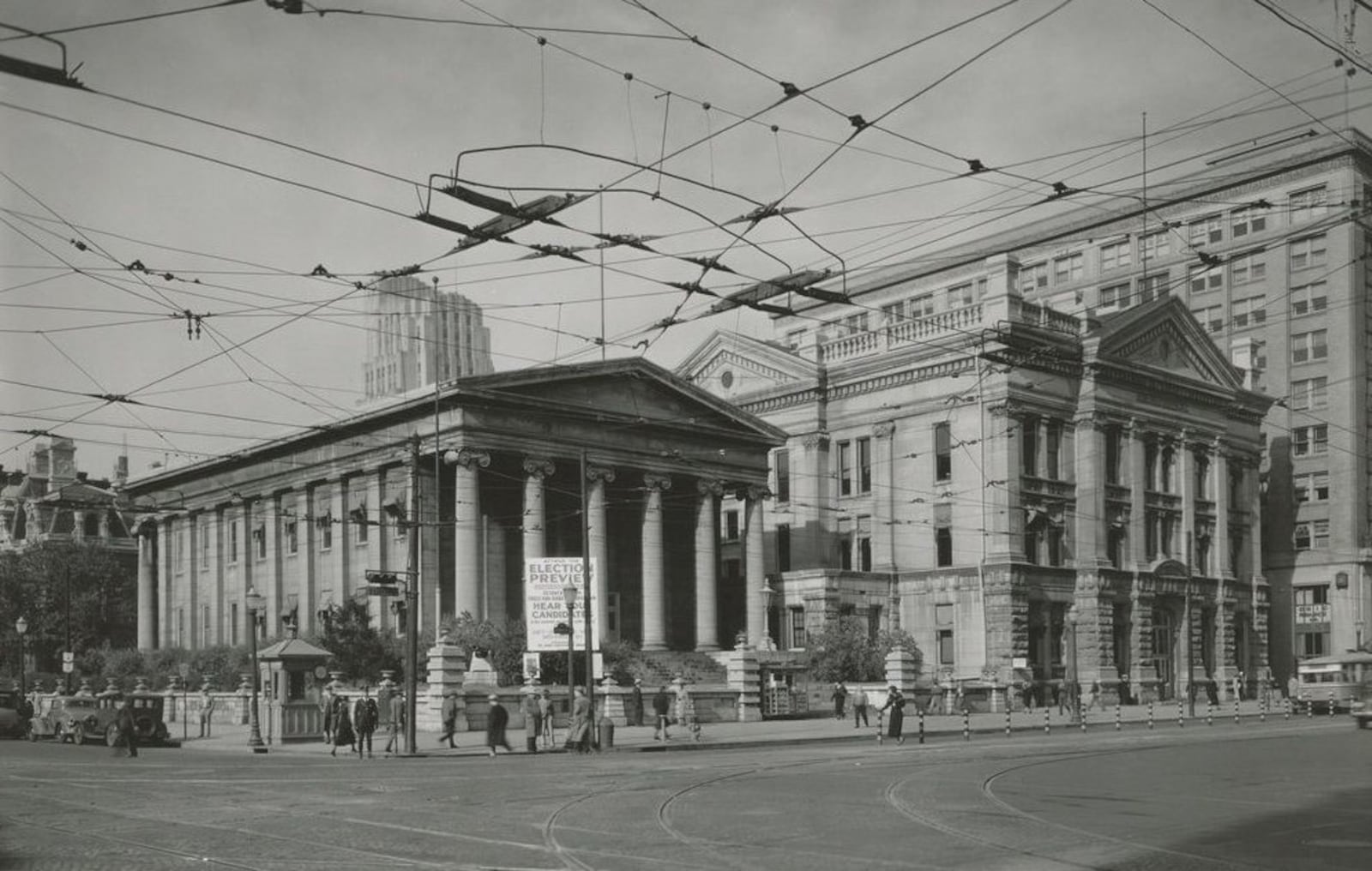 Old and New Court Houses, Corner of Third and Main Streets, early 20th century, gelatin silver print. Dayton Art Institute. On loan from Cristina and Ren Egbert