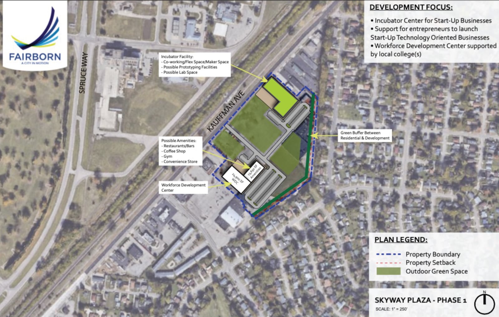 This concept plan from the city of Fairborn shows potential redevelopment of the site, including SCIF space for defense contractors, research and development, and other amenities.