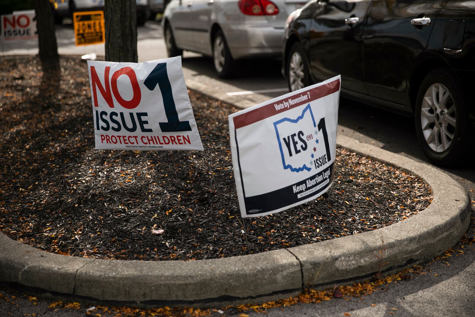 
                        FILE — Signs encouraging voters to vote for and against Issue 1, part of a media frenzy aimed at swaying voters at the ballot box, in Columbus, Ohio on Oct. 25, 2023. The outcome of Ohio’s abortion ballot is being watched closely by Democrats and Republicans looking to measure the continuing strength of the anger among voters over the loss of Roe v. Wade. (Maddie McGarvey/The New York Times)
                      