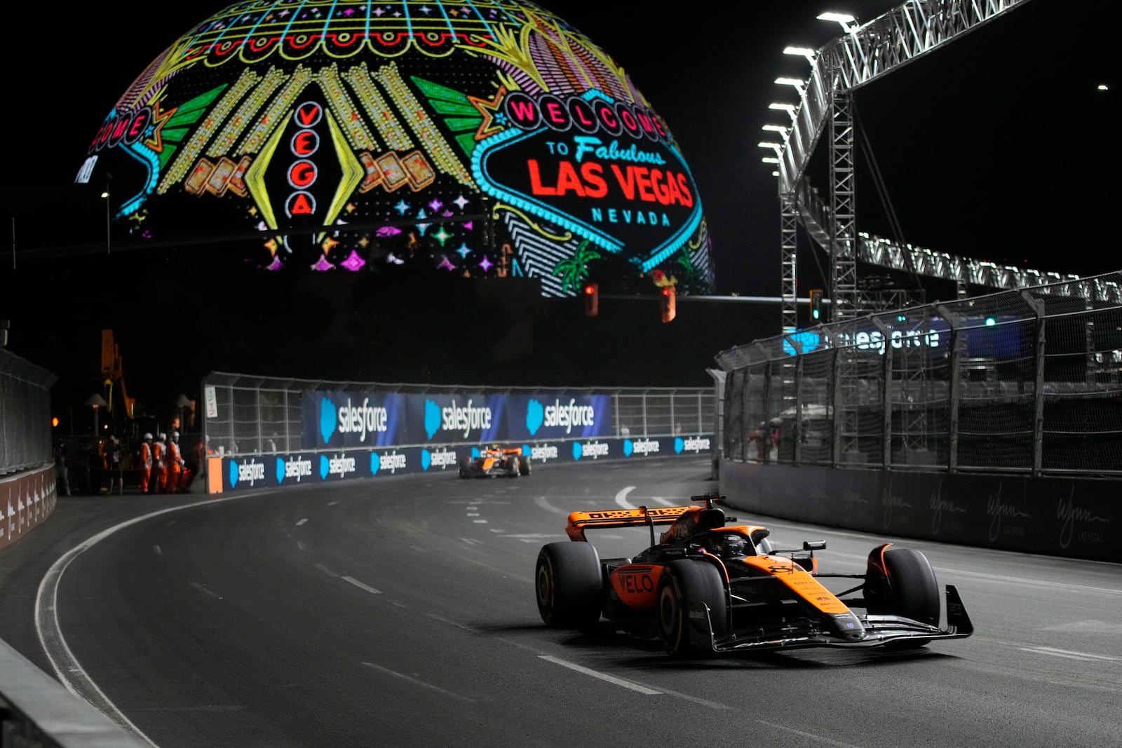 FILE - McLaren driver Oscar Piastri, of Australia, drives during the final practice session for the Formula One Las Vegas Grand Prix auto race, Friday, Nov. 17, 2023, in Las Vegas. (AP Photo/John Locher, File)