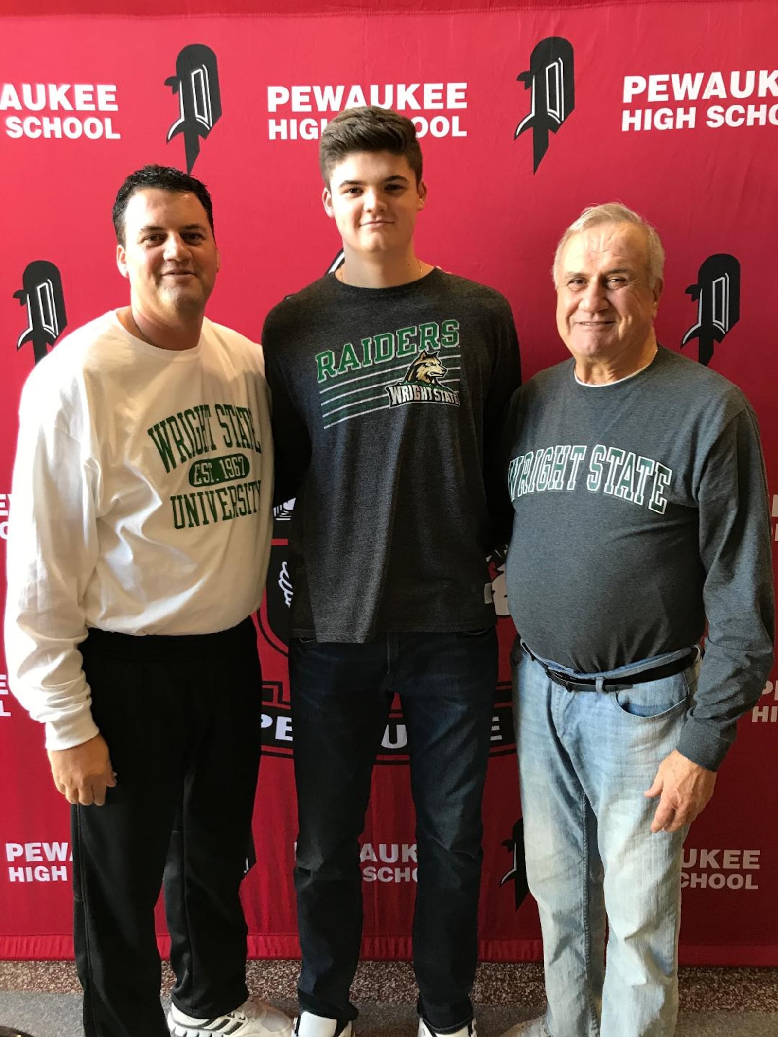 Wright State's Grant Basile (center) with his dad, Michael (left) and grandfather Mike. All three have made their mark as college basketball players. CONTRIBUTED