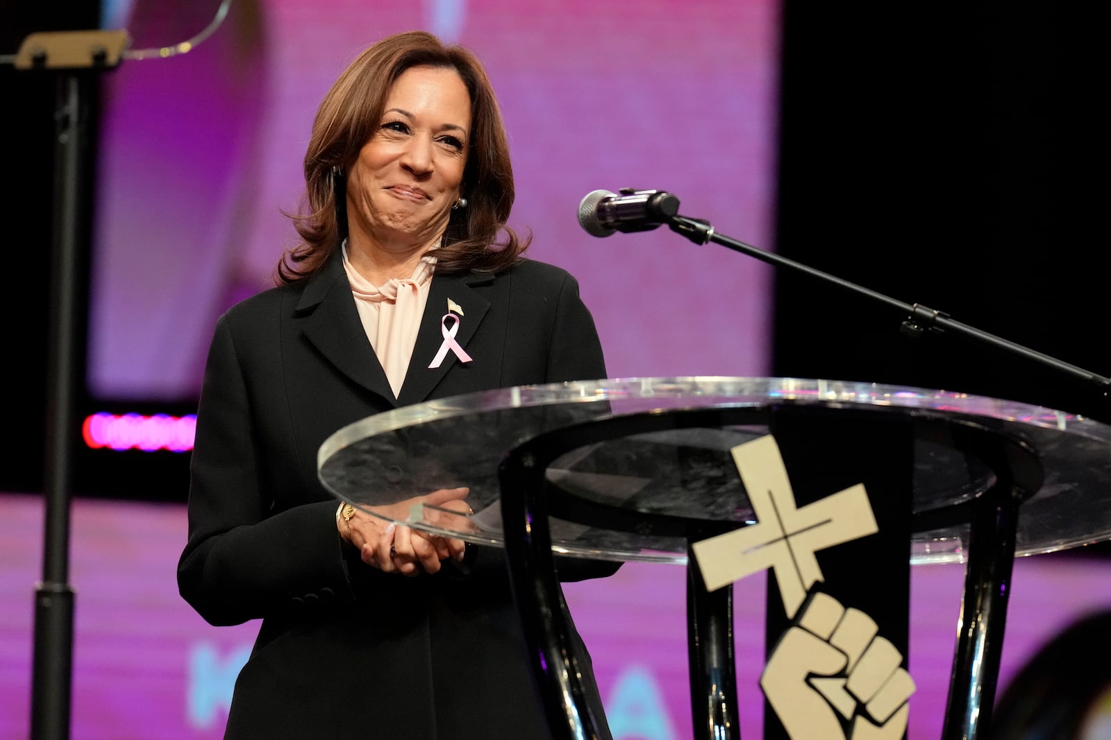 Democratic presidential nominee Vice President Kamala Harris speaks at a church service at New Birth Baptist Church in Stonecrest, Ga., Sunday, Oct. 20, 2024. (AP Photo/Jacquelyn Martin)