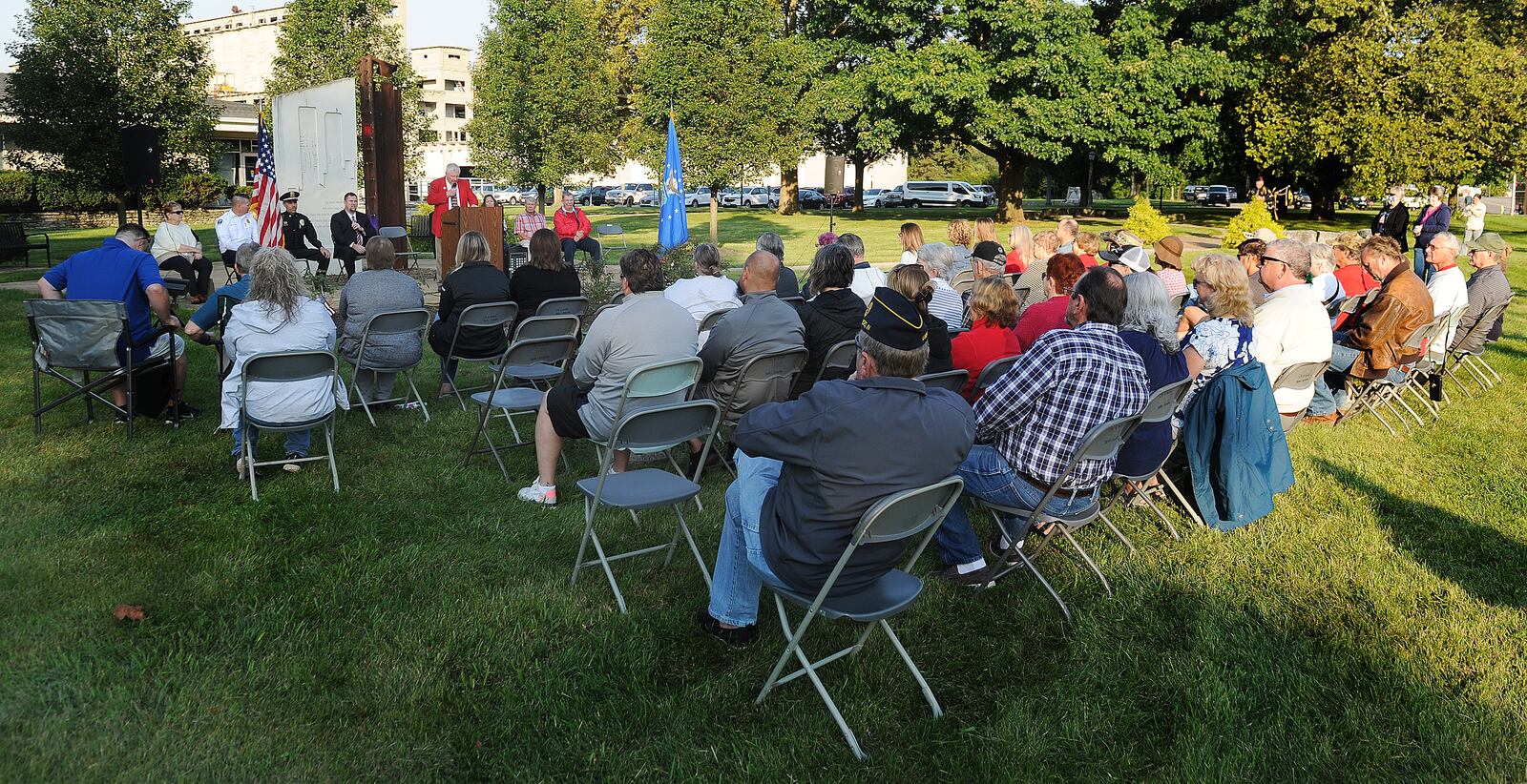 Over one hundred people attended the Fairborn 20th annual 9/11 Memorial Ceremony Saturday, Sept. 11, 2021 on the front lawn of Calamityville, the National Center for Medical Readiness. MARSHALL GORBY/STAFF
