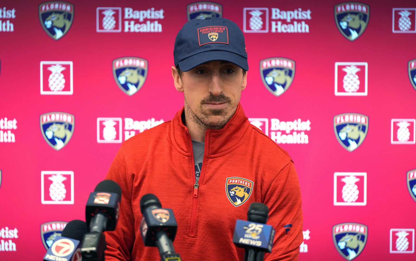 Florida Panthers forward Brad Marchand, who was acquired in a trade by the Panthers from the Boston Bruins last Friday, speaks during a news conference Monday, March 10, 2025, in Fort Lauderdale, Fla. (AP Photo/Lynne Sladky)