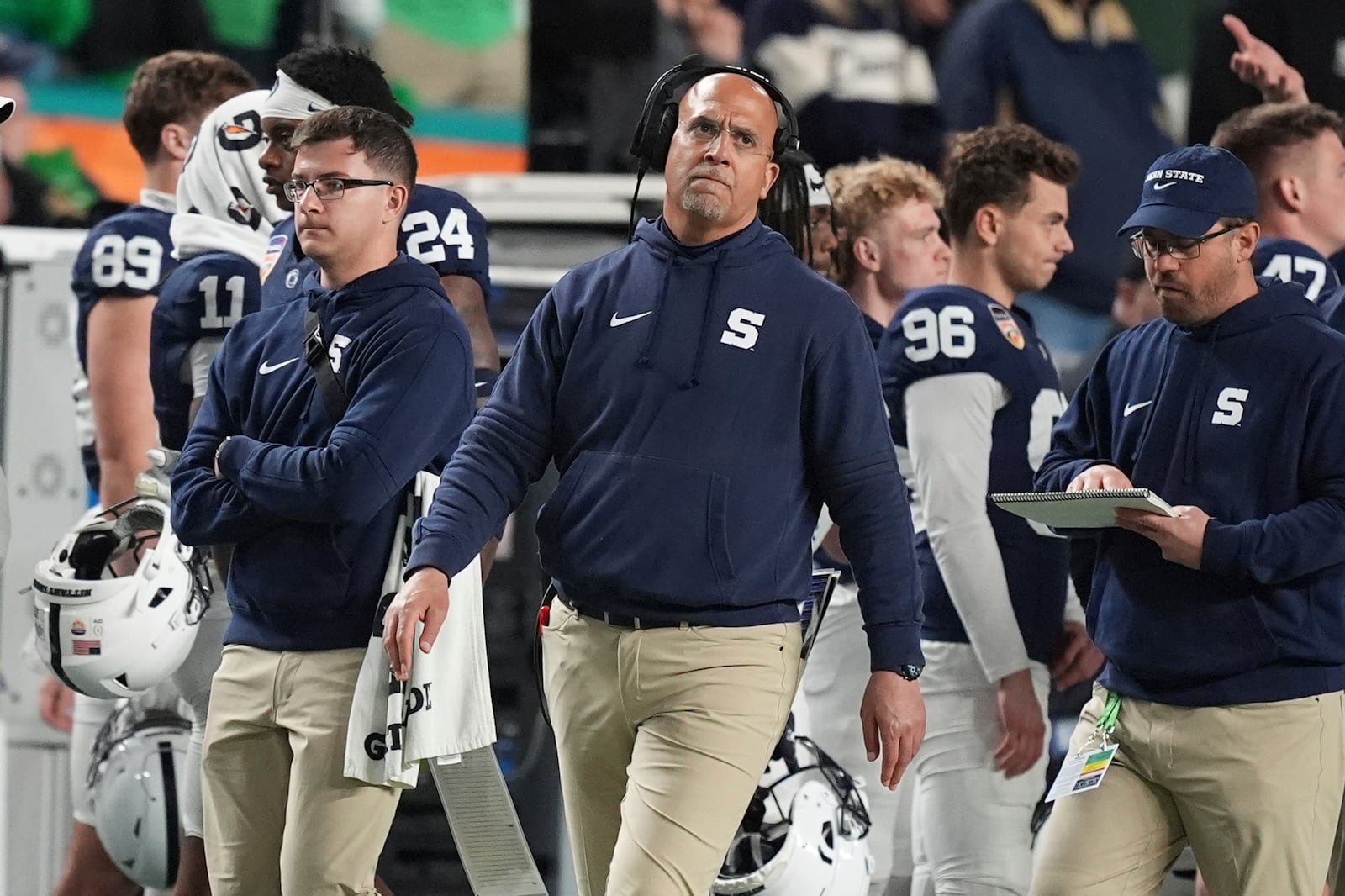 Penn State head coach James Franklin looks up during the second half of the Orange Bowl College Football Playoff semifinal game against Notre Dame, Thursday, Jan. 9, 2025, in Miami Gardens, Fla. (AP Photo/Rebecca Blackwell)