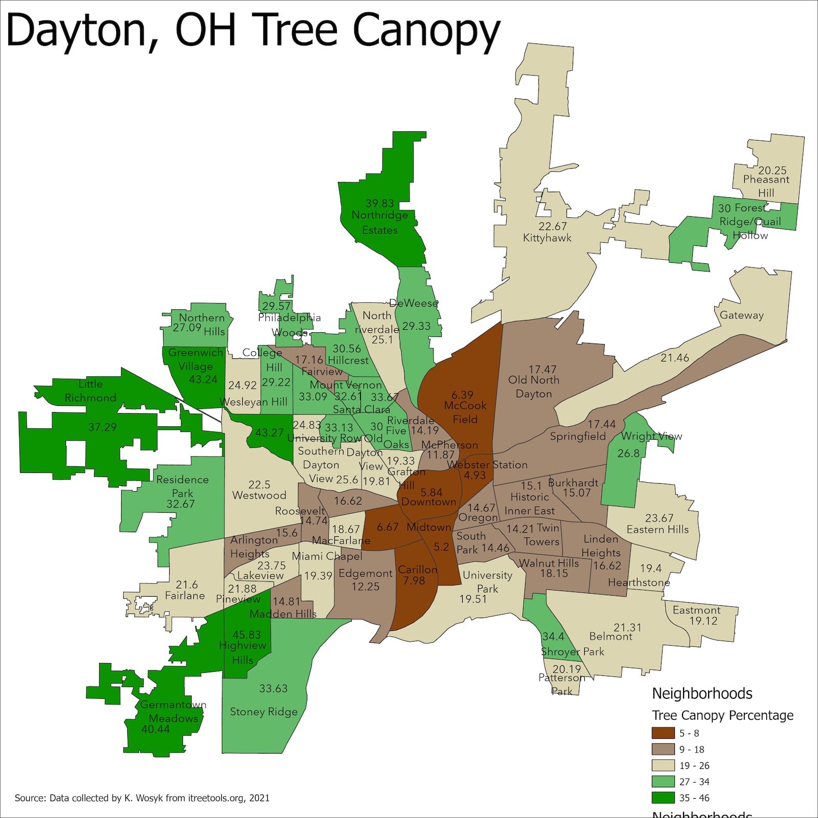 Tree canopies cover less than a quarter of most of Dayton's 65 neighborhoods. This map shows tree canopy coverage by neighborhood. CONTRIBUTED