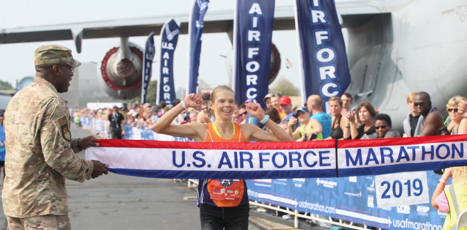 Ann Alyanak wins the Air Force Marathon on Saturday, Sept. 21, 2019, at Wright-Patterson Air Force Base. David Jablonski/Staff