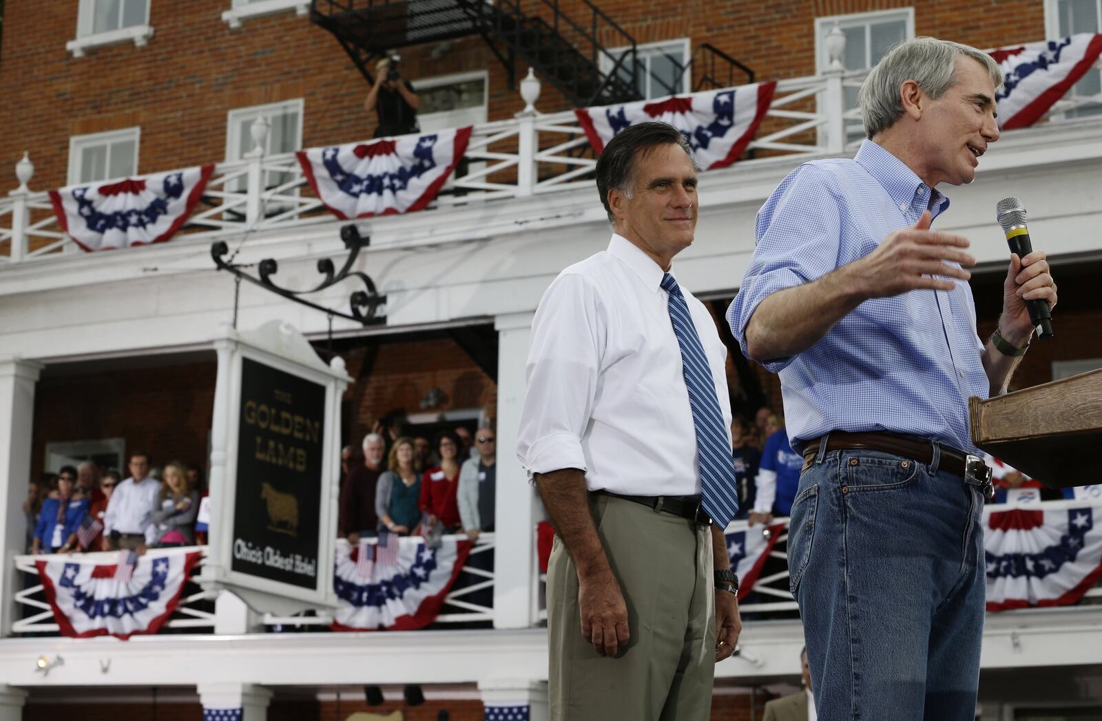 Sen. Rob Portman, R-Ohio, campaigned at The Golden Lamb inn and restaurant in Lebanon with Republican presidential nominee Mitt Romney in September 2012. Portman endorsed Ohio Gov. John Kasich last week. (AP Photo/Charles Dharapak, File)