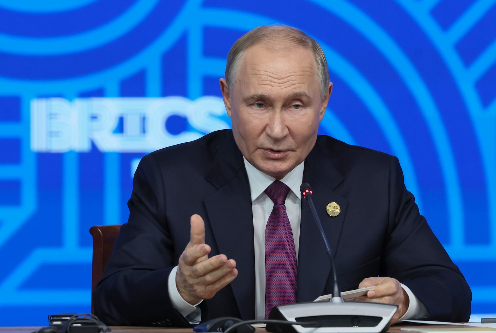 Russian President Vladimir Putin holds a press conference at BRICS Summit in Kazan, Russia, Thursday, Oct. 24, 2024. (Maxim Shipenkov, Pool Photo via AP)