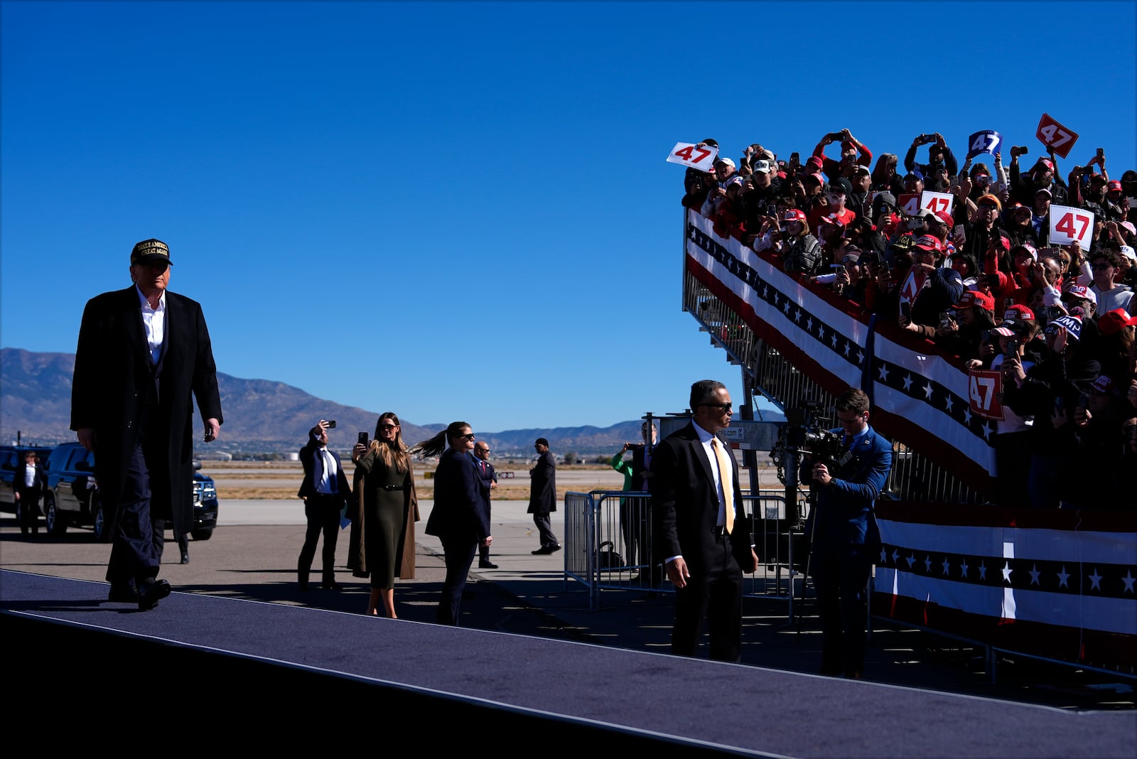 Republican presidential nominee former President Donald Trump arrives at a campaign rally at Albuquerque International Sunport, Thursday, Oct. 31, 2024, in Albuquerque, N.M. (AP Photo/Julia Demaree Nikhinson)