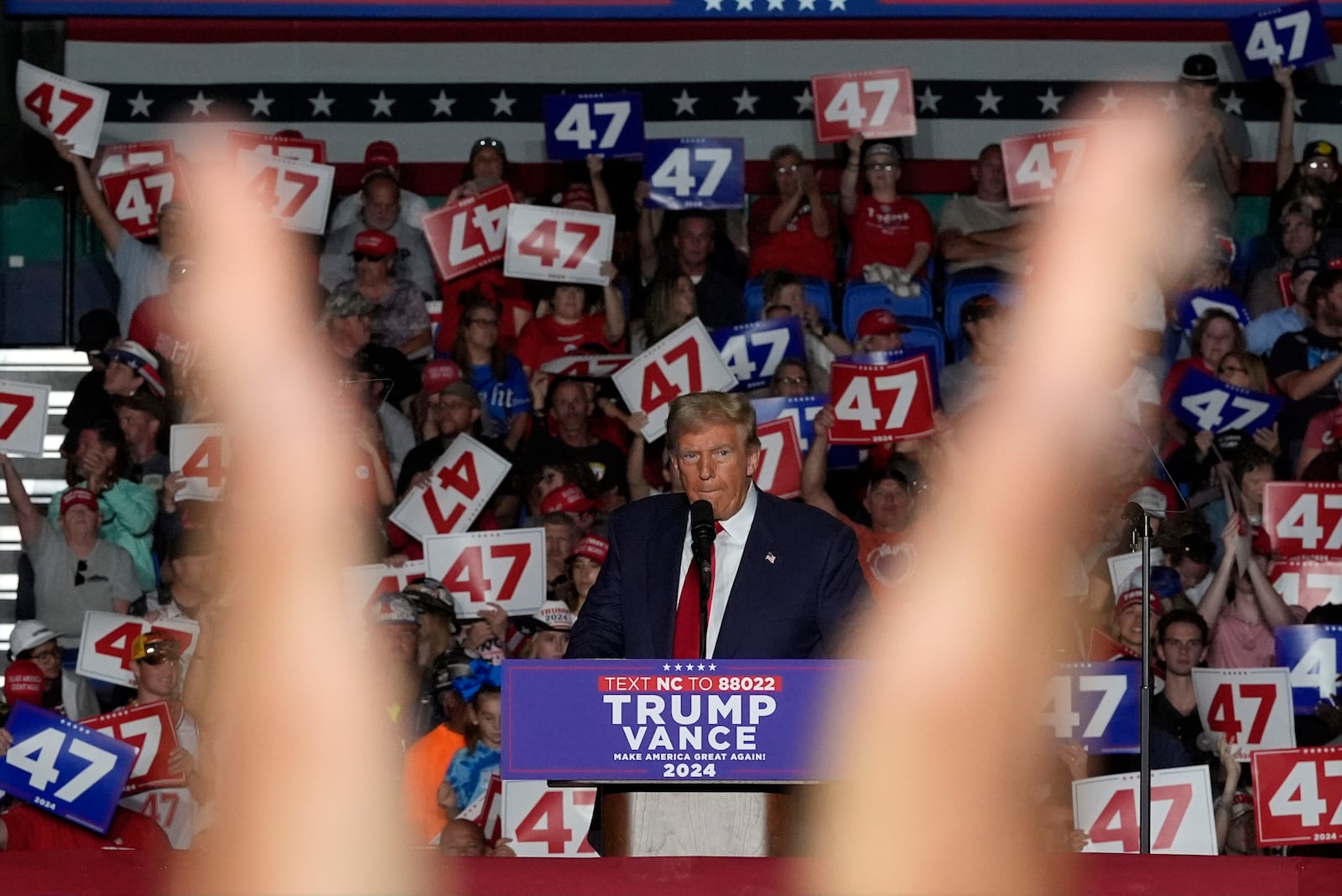 Republican presidential nominee former President Donald Trump speaks during a campaign rally at Greensboro Coliseum, Tuesday, Oct. 22, 2024, in Greensboro, N.C. (AP Photo/Julia Demaree Nikhinson)