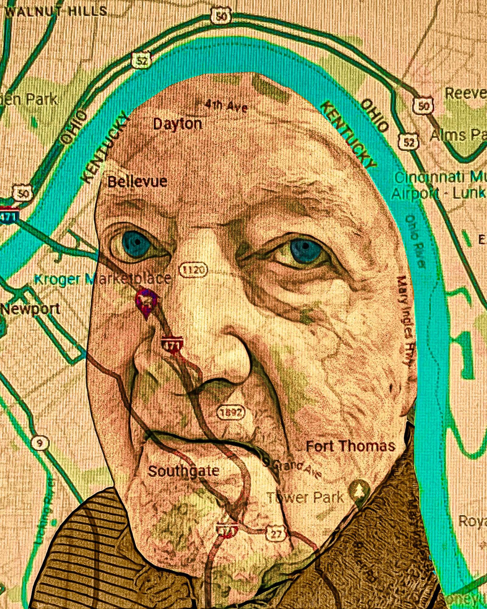 In their most recent project, Wally’s face is covered with a map of places he has lived with his family.