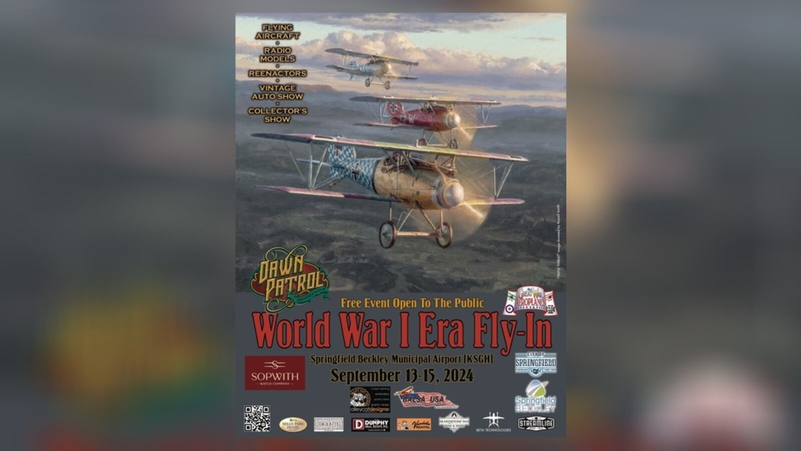 The Springfield-Beckley Municipal Airport will host the “Dawn Patrol Rendezvous World War I Fly-In” from 9 a.m. to 5 p.m. on Friday, Sept. 13, and Saturday, Sept. 14, and 9 a.m. to 2 p.m. on Sunday, Sept. 15, at the airport, 1251 W. Blee Road. Contributed