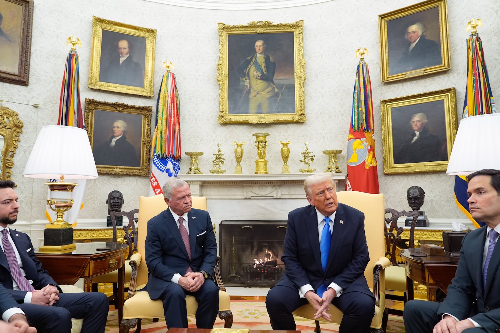 President Donald Trump speaks with Jordan's King Abdullah II in the Oval Office at the White House, Tuesday, Feb. 11, 2025, in Washington, as Crown Prince Hussein, left, and Secretary of State Marco Rubio, right, look on. (Photo/Alex Brandon)