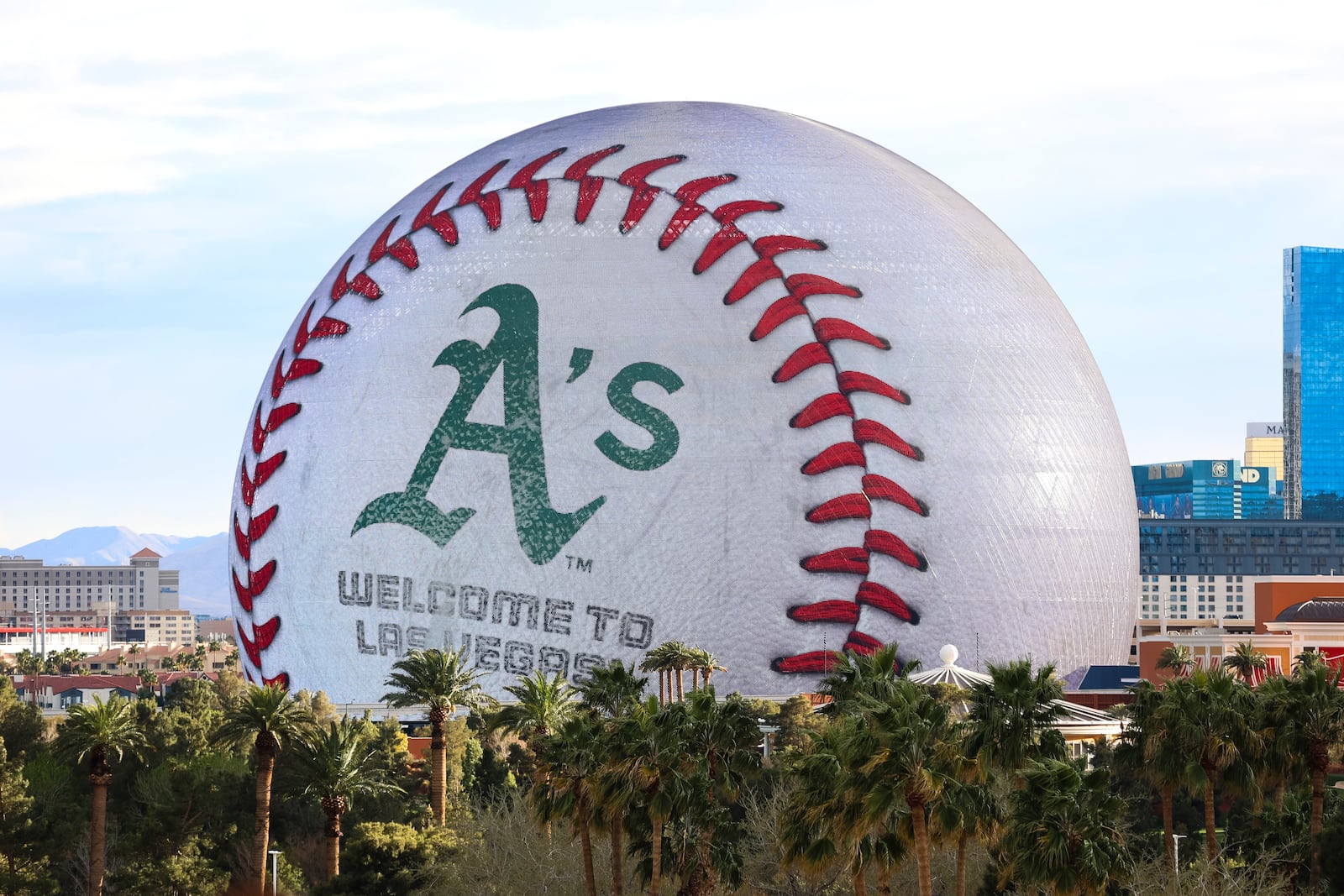 The Athletics logo is displayed on The Sphere, Friday, March 7, 2025, in Las Vegas. (Wade Vandervort/Las Vegas Sun via AP)