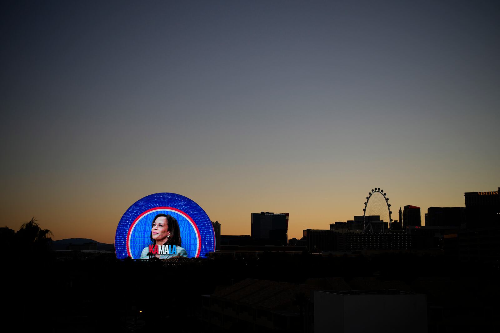 A political advertisement for Democratic presidential nominee Vice President Kamala Harris is displayed on the Sphere, Monday, Nov. 4, 2024, in Las Vegas. (AP Photo/John Locher)