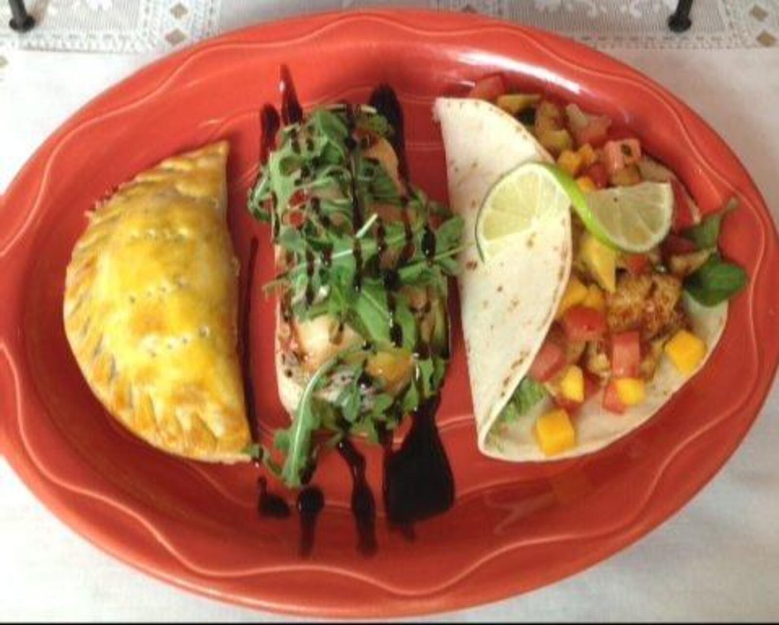 A Tapa flight at El Meson including Empanada (South America), Tomato Bruschetta (Italy) and Grouper Fish Tacos (Mexico).