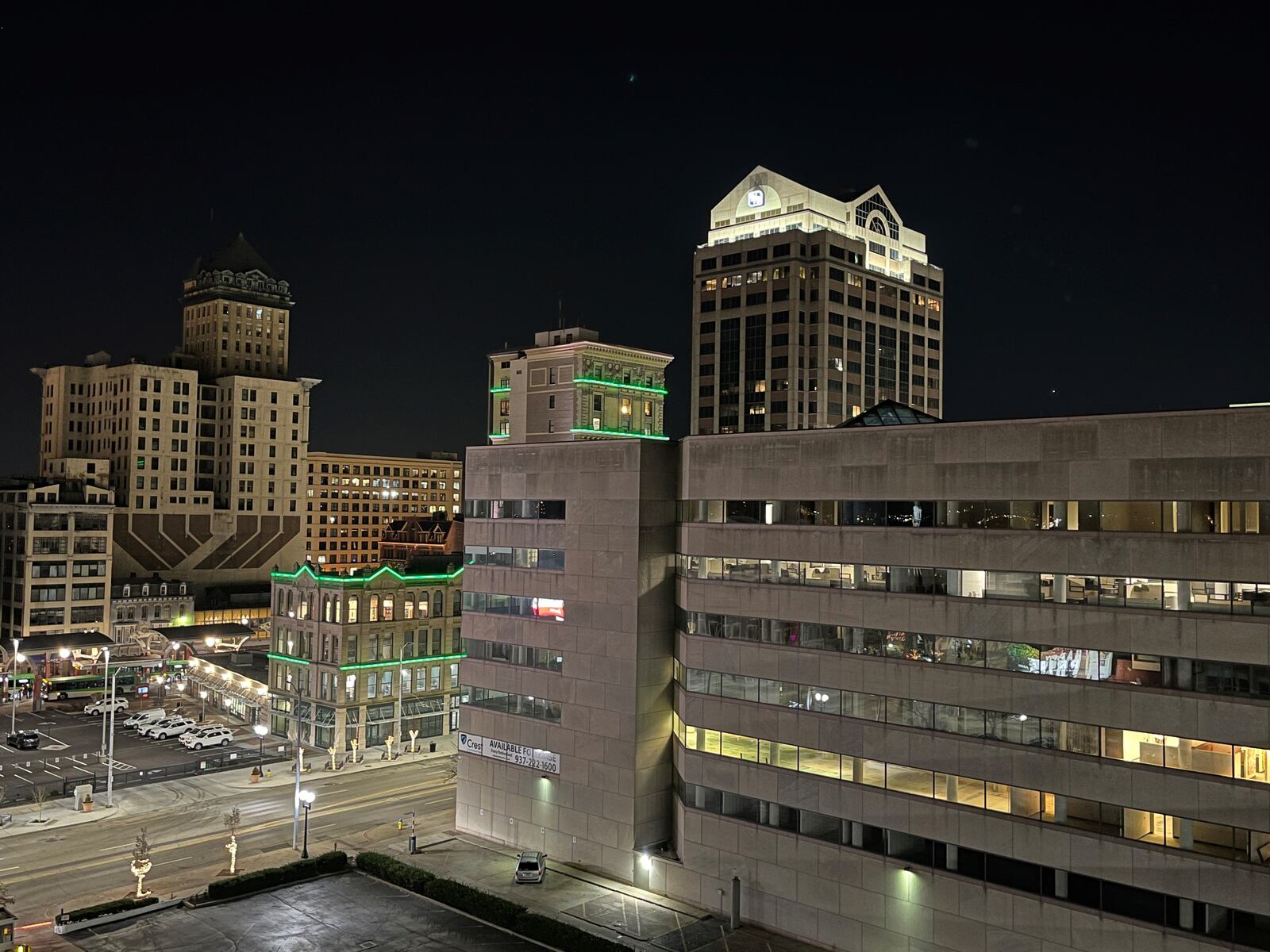 Downtown Dayton office buildings at night. CORNELIUS FROLIK / STAFF