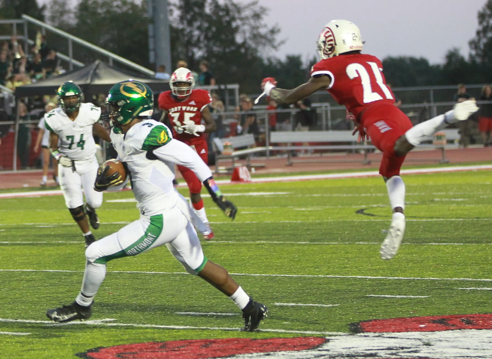 Marcus Allen of Northmont (with ball) left Dylan Heflin of Trotwood hanging and scored on a 31-yard pass. Trotwood defeated visiting Northmont 20-14 in a Week 5 high school football game on Friday, Sept. 27, 2019. MARC PENDLETON / STAFF