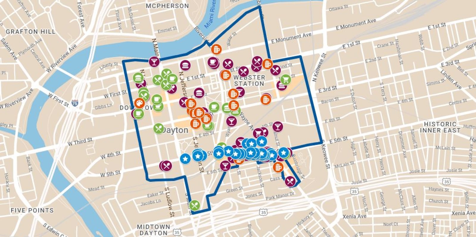 A map of the new proposed downtown Dayton Designated Outdoor Refreshment Area (DORA). The current DORA is centered around East Fifth Street in the Oregon District. The new proposed outdoor drinking district covers most of downtown. CONTRIBUTED