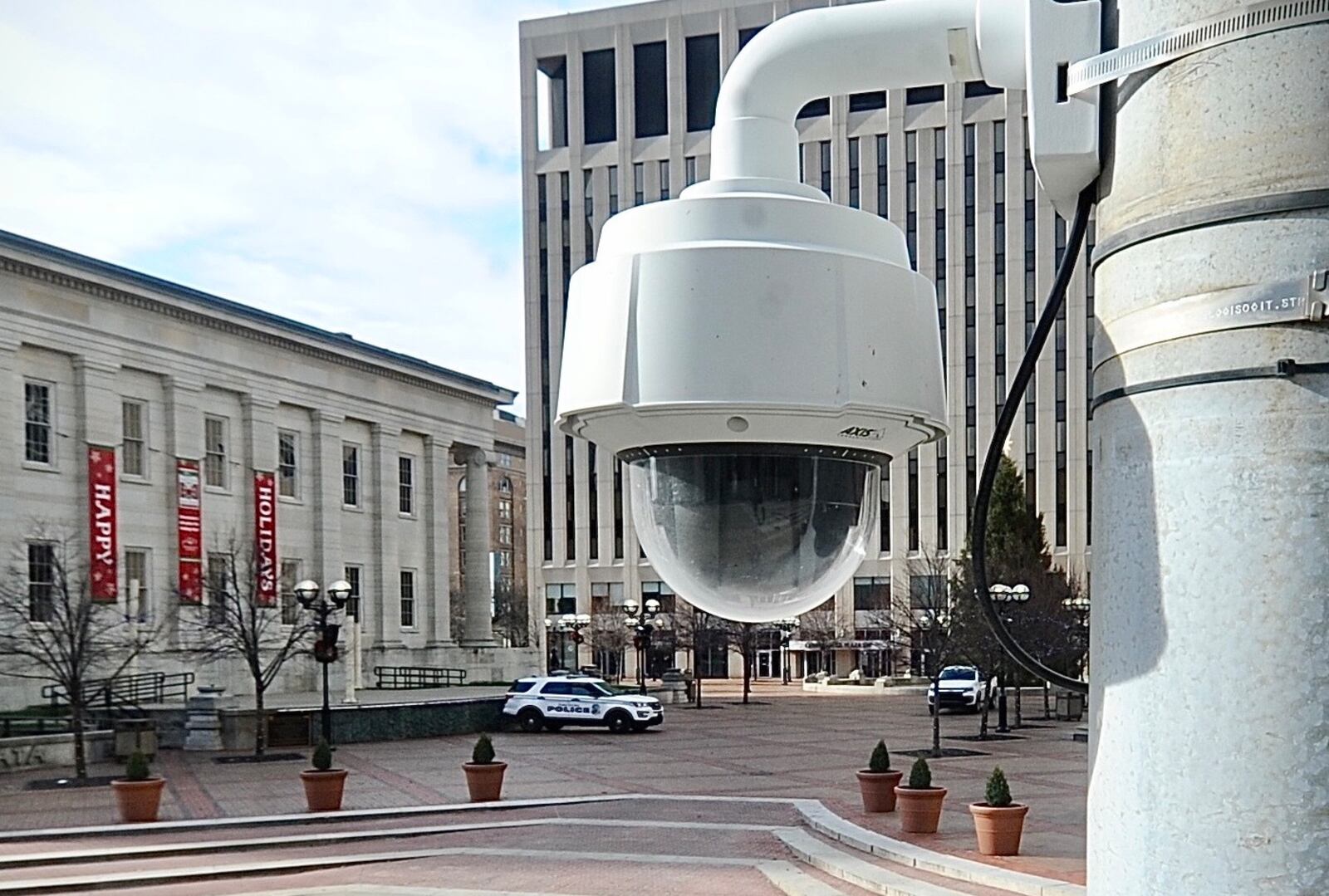 A security camera captures footage near Courthouse Square in downtown Dayton. MARSHALL GORBY / STAFF