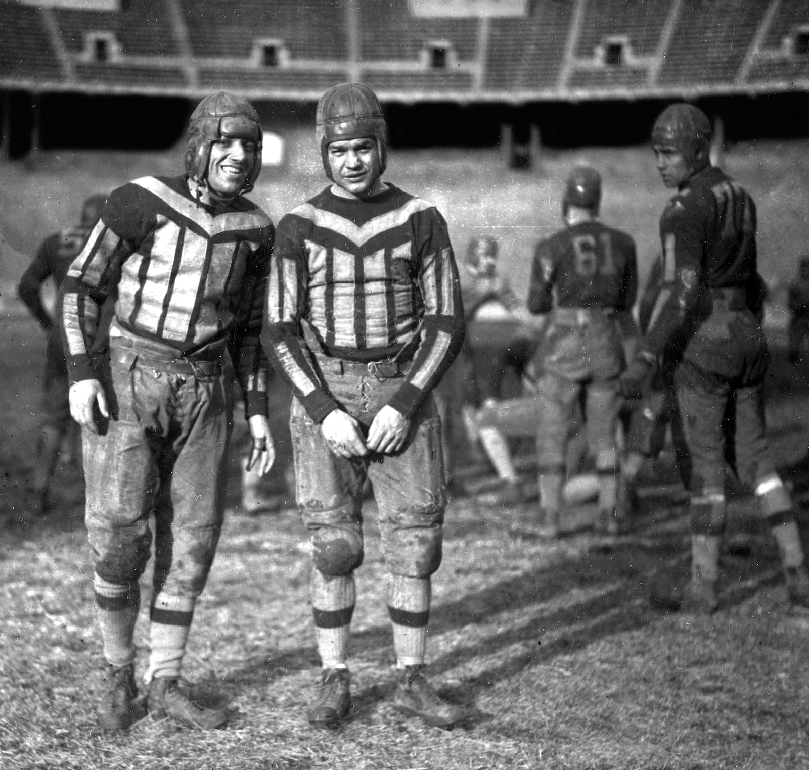 Ohio State University football players Gaylor "Pete" Stinchcomb (left) and Chic Harley (right) pose for a photograph taken between 1916 and 1919. PHOTO COURTESY OF THE OHIO HISTORY CONNECTION