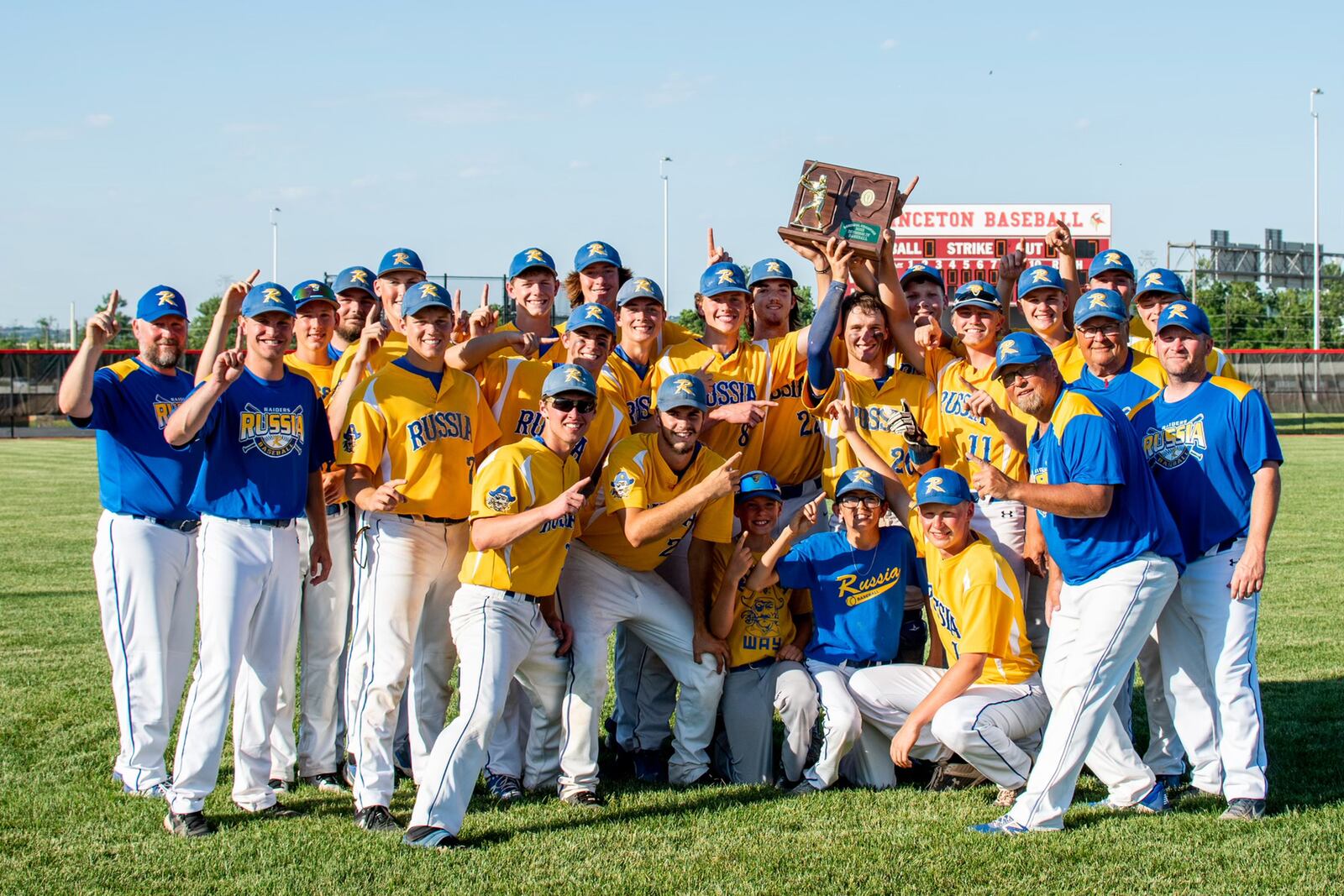 The Russia High School baseball team celebrates a Division IV regional championship on Friday, June 3, 2022. Photo courtesy of Russia High