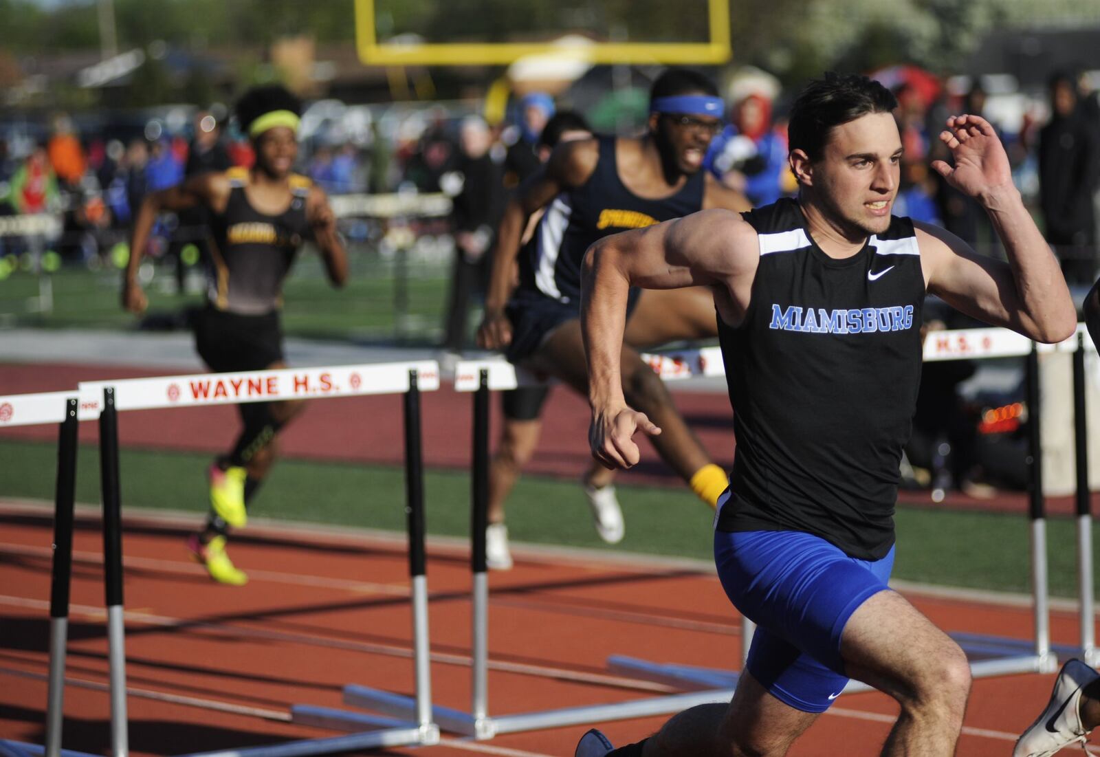 Collin Dillon of Miamisburg won the 110 high hurdles during the Wayne Inv. on Friday, April 26, 2019. MARC PENDLETON / STAFF