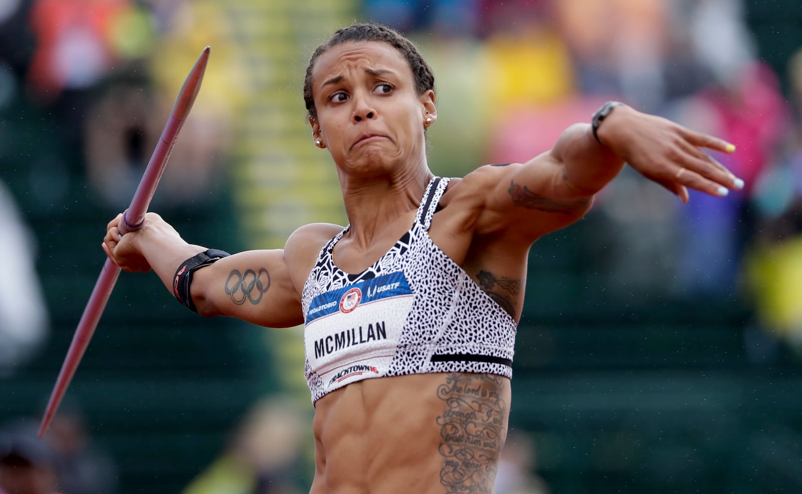 Chantae McMillan competes during the heptathlon javelin throw at the U.S. Olympic Track and Field Trials, Sunday, July 10, 2016, in Eugene Ore. (AP Photo/Matt Slocum)