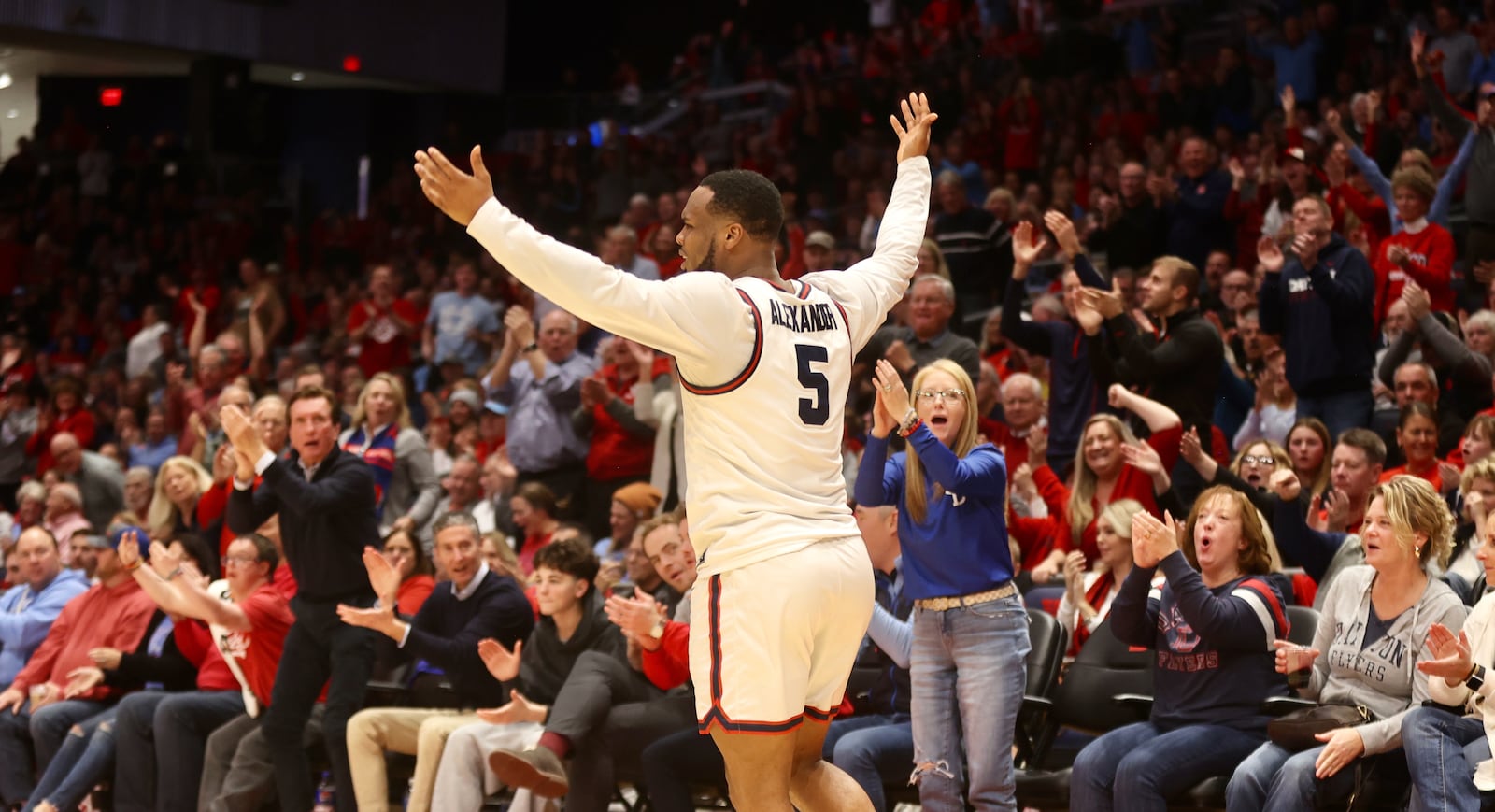 Dayton's Posh Alexander celebrates after a basket against Western Michigan on Tuesday, Dec. 3, 2024, at UD Arena. David Jablonski/Staff