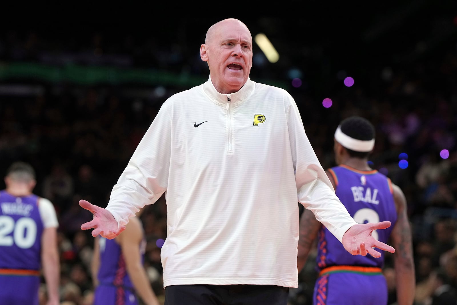 Indiana Pacers head coach Rick Carlisle reacts after a foul call during the second half of an NBA basketball game against the Phoenix Suns, Thursday, Dec. 19, 2024, in Phoenix. (AP Photo/Rick Scuteri)