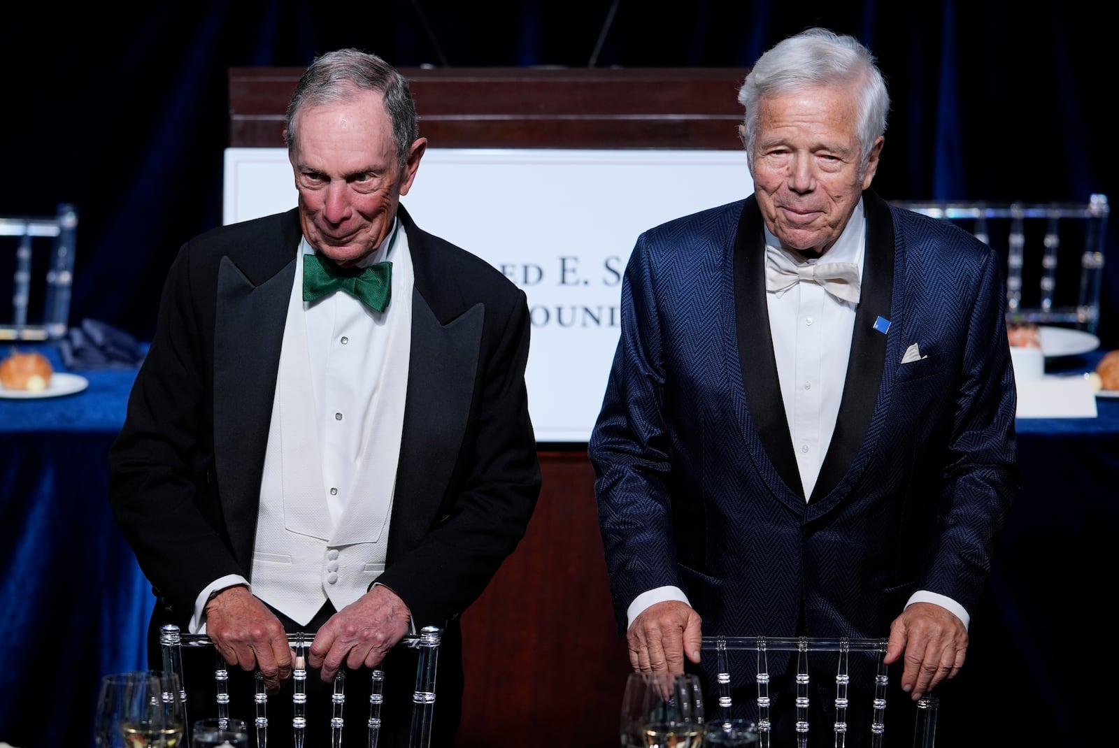 Michael Bloomberg and Robert Kraft arrive for the 79th annual Alfred E. Smith Memorial Foundation Dinner, Thursday, Oct. 17, 2024, in New York. (AP Photo/Julia Demaree Nikhinson)