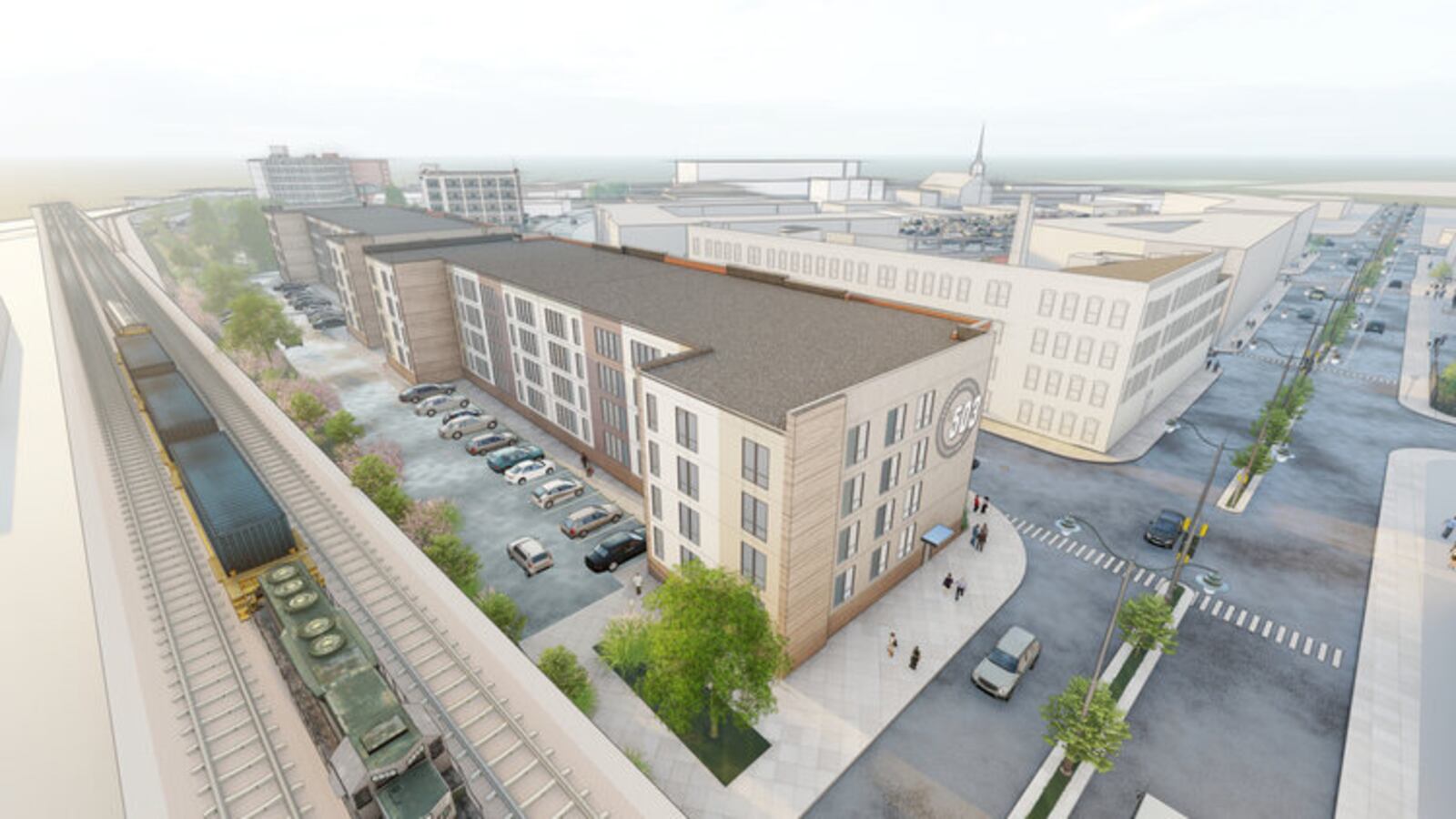 A rendering of the 503 apartment building at the corner of East Fourth Street and Wayne Avenue, near the Oregon District and next to a rail line. Crews broke ground on the project in January. CONTRIBUTED