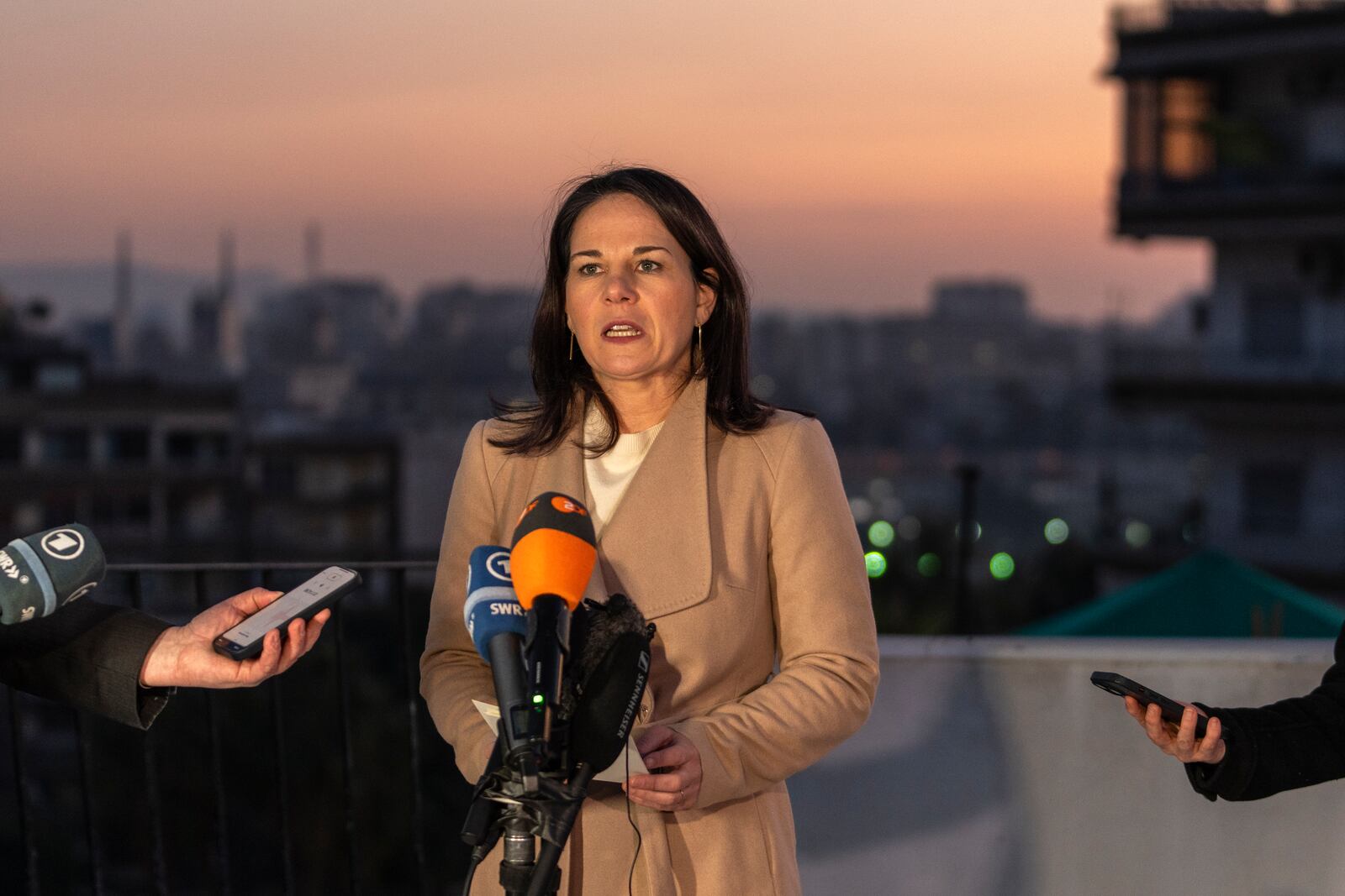 German Foreign Minister Annalena Baerbock holds a press conference during an official visit, in Damascus, Syria, Friday, Jan. 3, 2025. (AP Photo/Mosa'ab Elshamy)