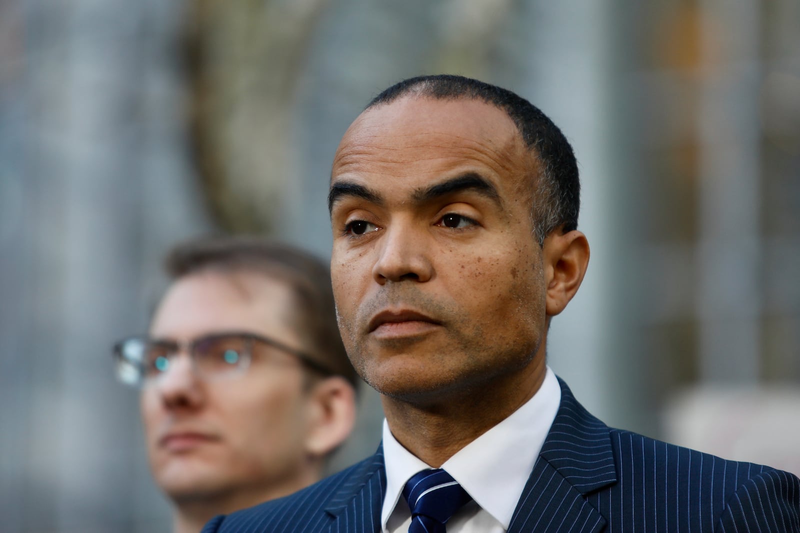 Washington Attorney General Nick Brown listens to a question during a news conference after a hearing in federal court in Seattle, on Friday, Feb. 28, 2025, over President Donald Trump's order against gender-affirming care for youth. (AP Photo/Manuel Valdes)