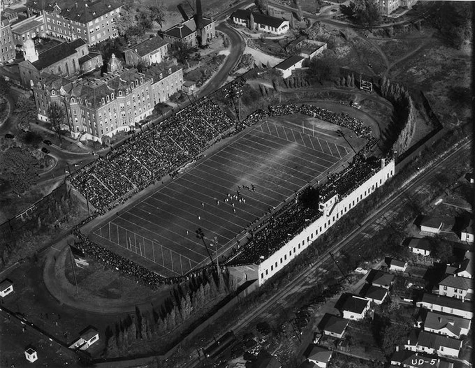 A large crowd on hand at Baujan Field to watch a University of Dayton football game. University of Dayton photo