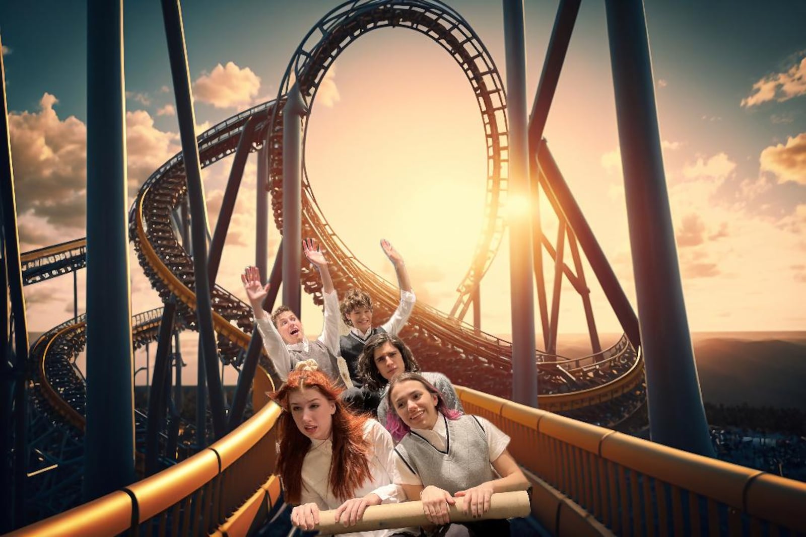 Left to right: Courtney Collinsworth, Faeryn Bass; center: Valentine Rangel; back Dominick Griffin, Henry Ballard in Sinclair Community College's production of "Ride the Cyclone." PHOTO ILLUSTRATION BY PATTI CELEK