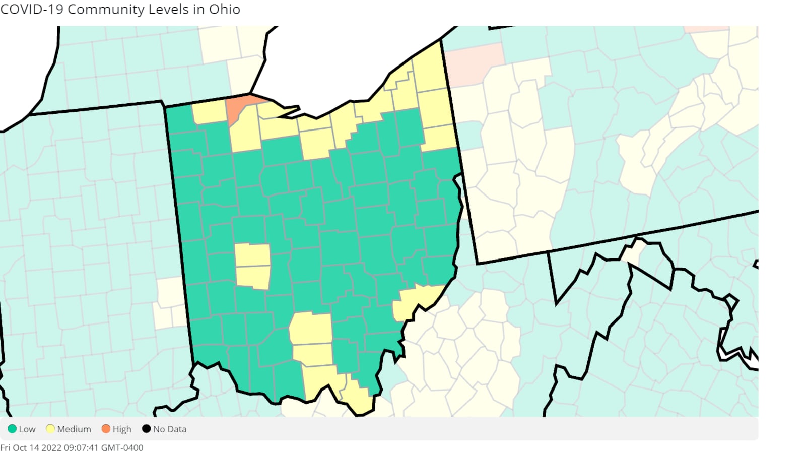 Ohio COVID-19 community levels as of Thursday, Oct. 13, 2022. Image courtesy the Centers for Disease Control and Prevention.