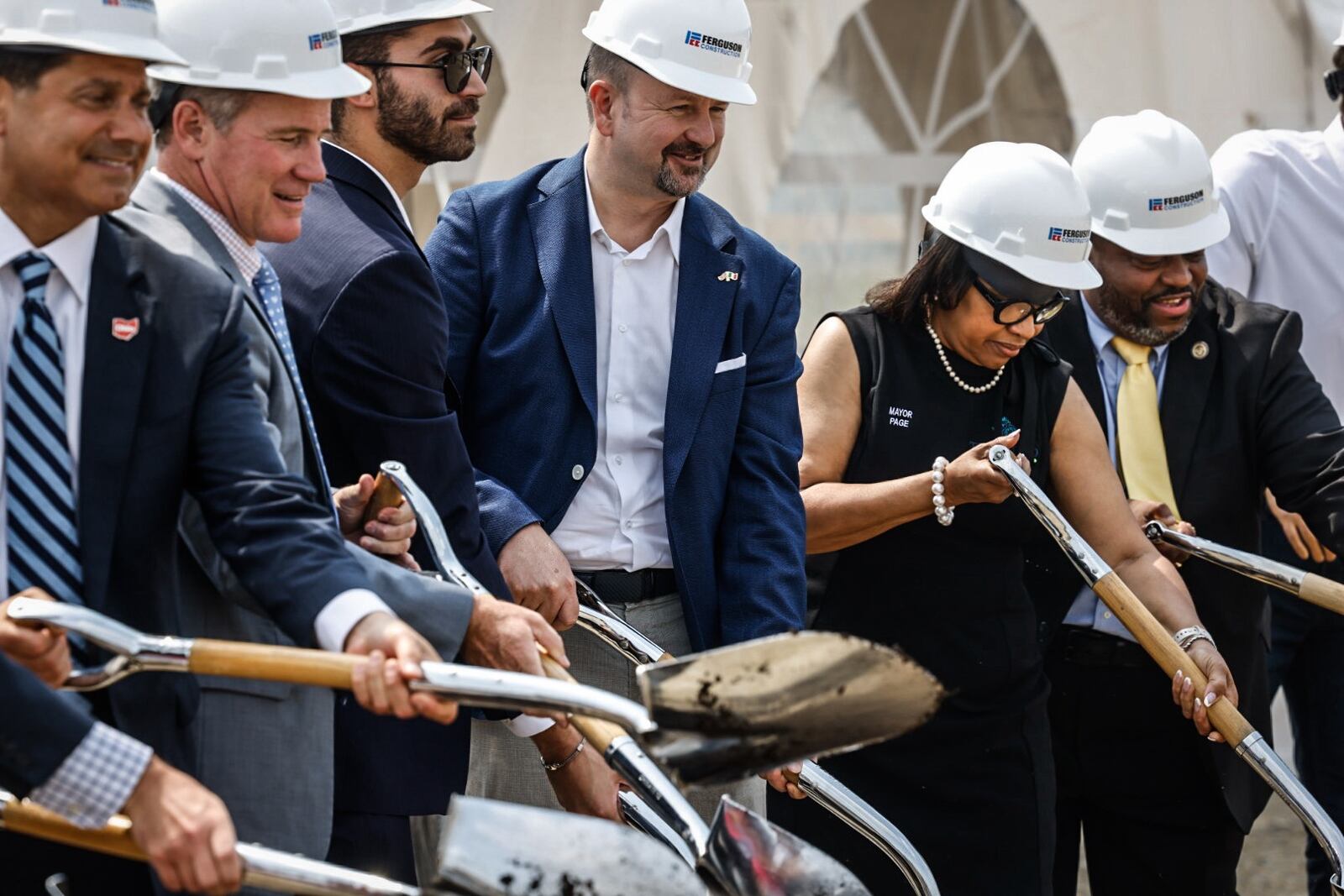 From left, J.P. Nauseef of JobsOhio, Lt. Gov. Jon Husted, Adin Penn of GATED Properties, Alberto Cracco of Westrafo, Trotwood Mayor Yvette Page and City Manager Quincy Pope break ground on a new Westrafo manufacturing plant being built in Trotwood. Jim Noelker/Staff