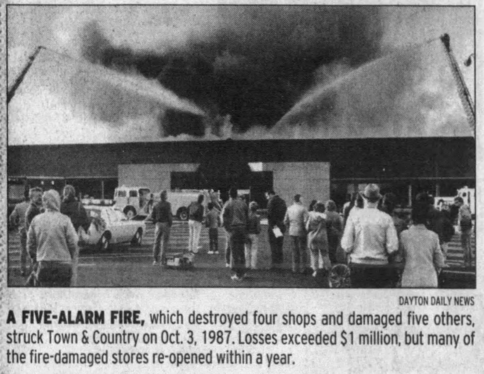 Disaster struck Town and Country Shopping Center on Oct. 3, 1987 when a five-alarm fire destroyed four shops and damaged others. Losses exceeded $1 million.