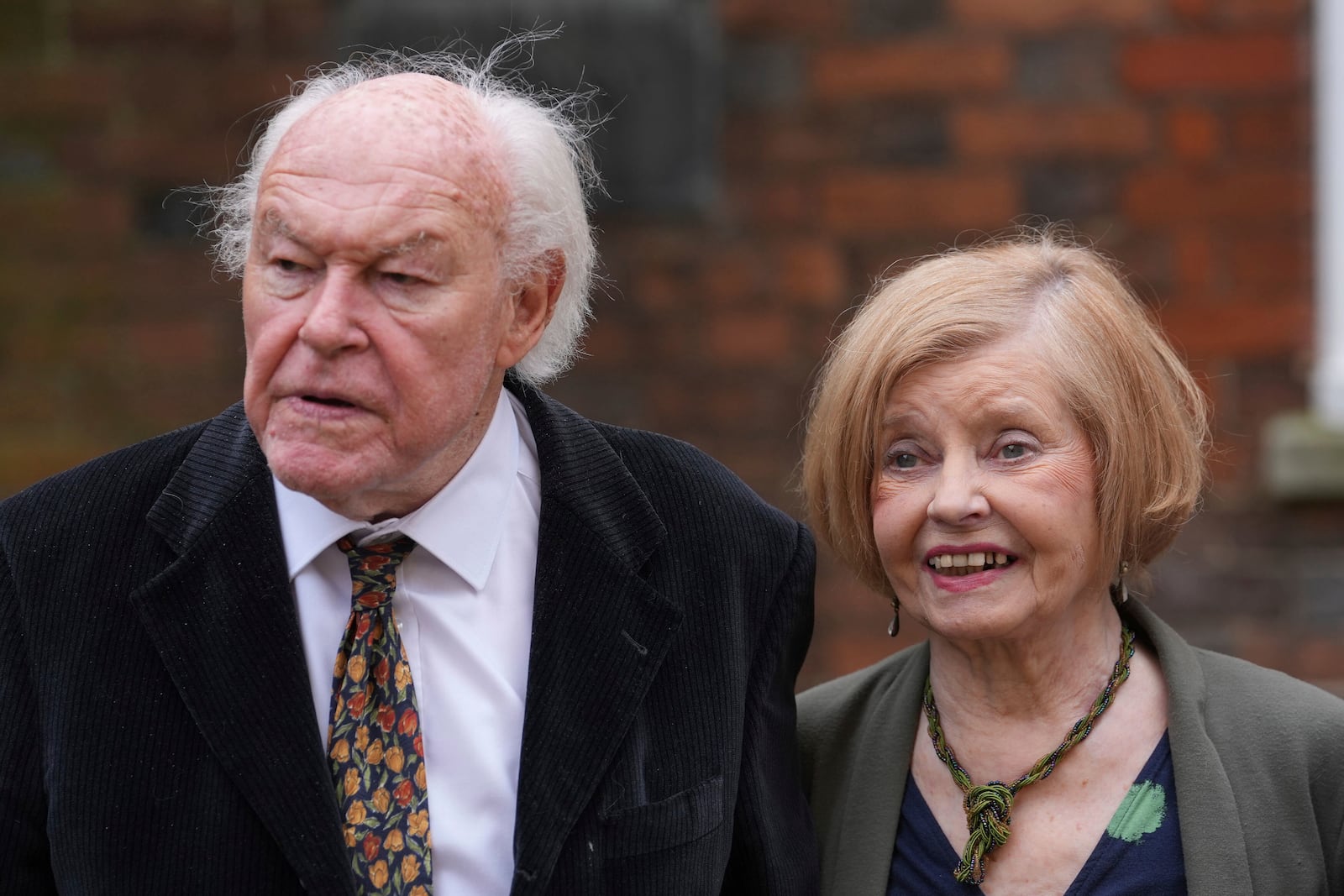 Timothy West and Prunella Scales leave Lamb House in Rye, East Sussex, England, May 16, 2024. (Gareth Fuller/PA via AP)