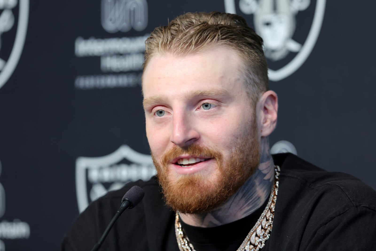 Las Vegas Raiders defensive end Maxx Crosby responds to a question during an NFL football news conference Wednesday, March 5, 2025, in Henderson, Nev. (Steve Marcus/Las Vegas Sun via AP)