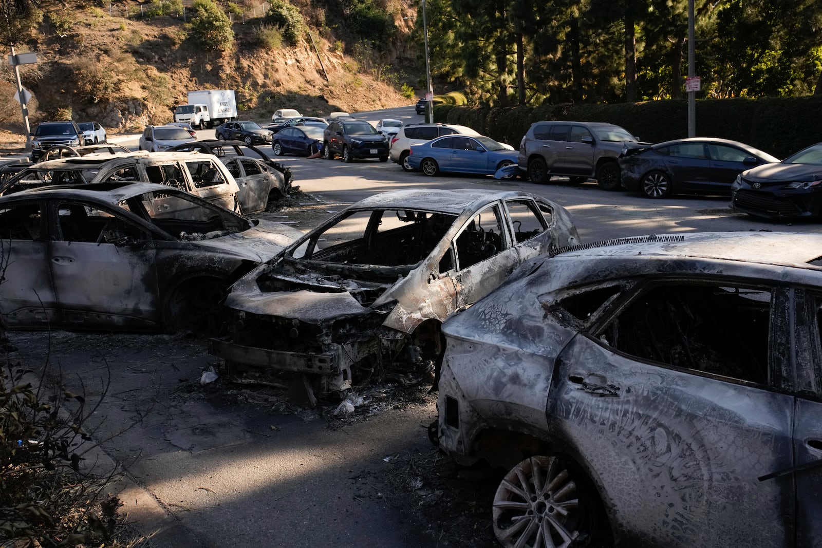 Abandoned cars, some burned by Palisades Fire, sit on the side of a road Monday, Jan. 13, 2025, in the Pacific Palisades neighborhood of Los Angeles. (AP Photo/John Locher)