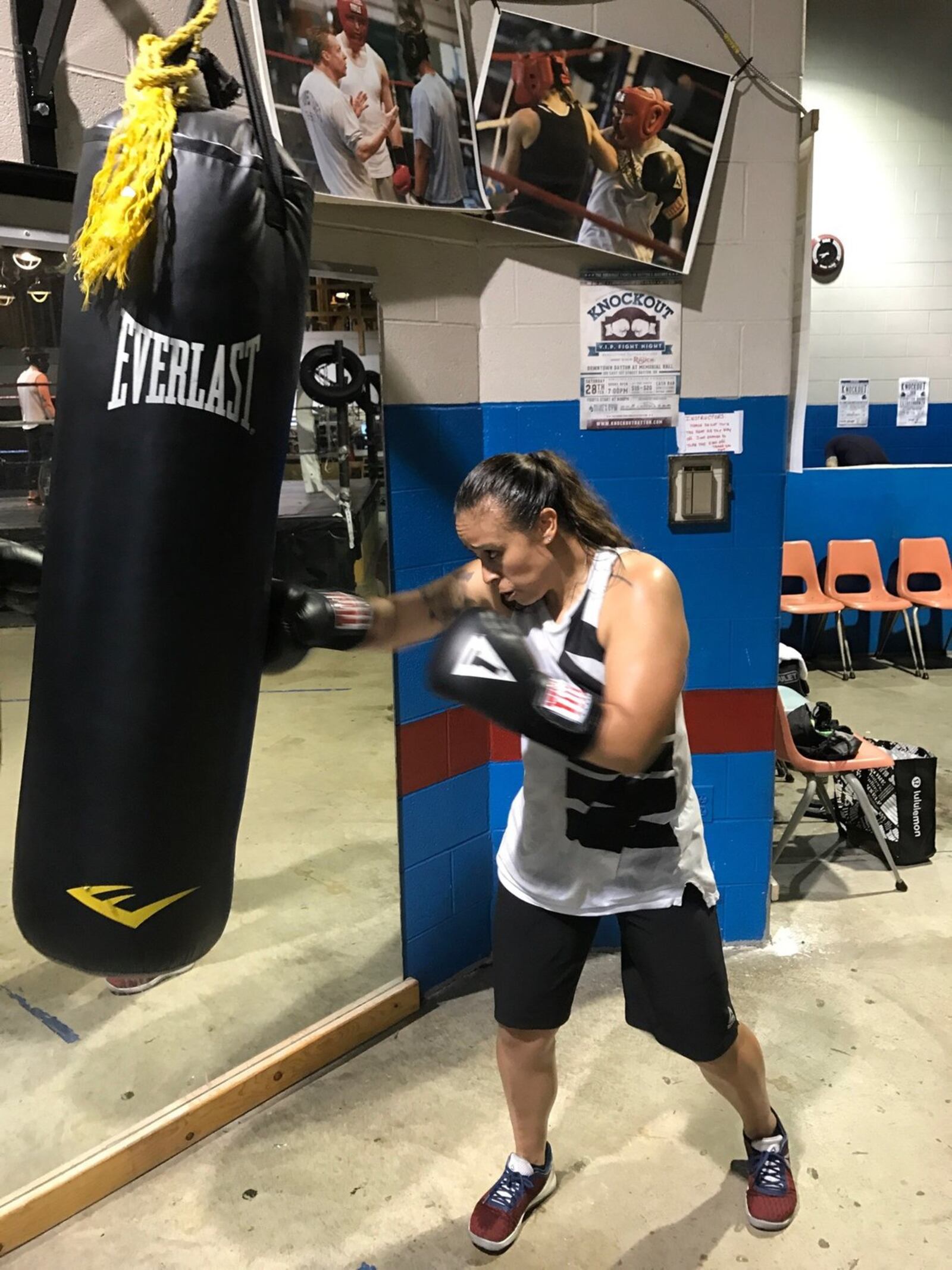 U.S. Air Force Airman 1st Class Jasmine Aldana, a former college soccer standout stationed at WPAFB, works out in Drake’s Downton Gym one night this week. She s fighting in one of the featured bouts Saturday night at the big Ale Beast charity boxing show outside Drake’s gym on E. Fifth Street next to the Oregon District. Tom Archdeacon/CONTRIBUTED