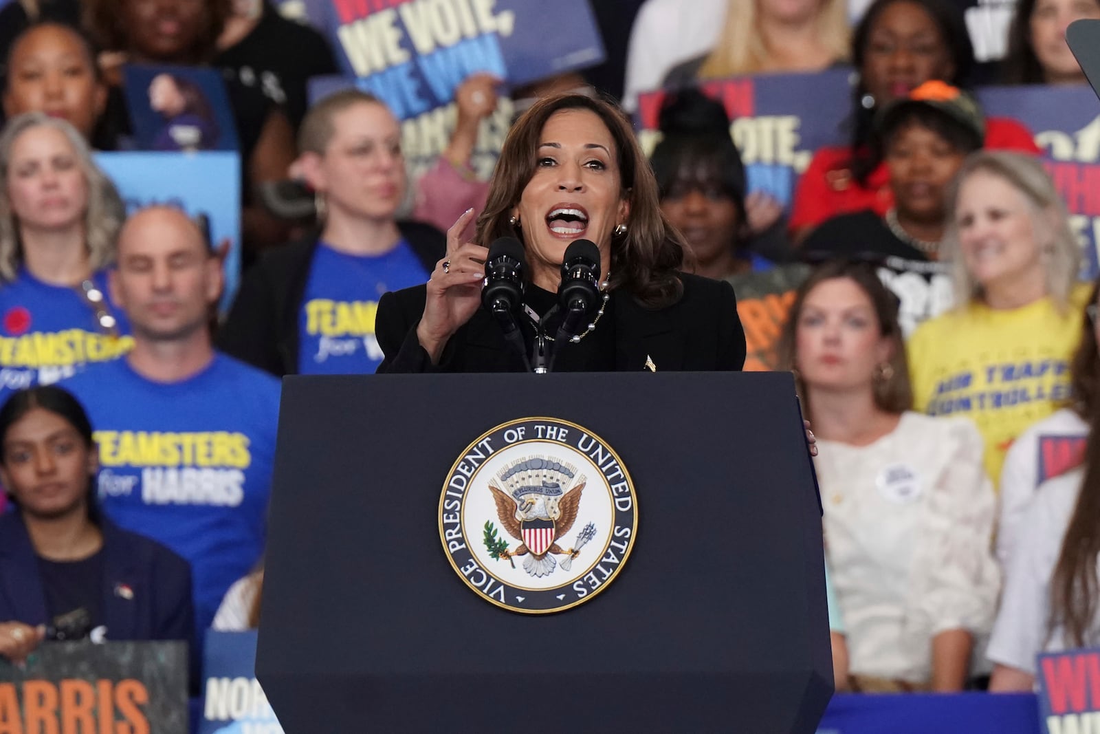 Democratic presidential nominee Vice President Kamala Harris speaks at a campaign rally, Wednesday, Oct. 30, 2024, in Raleigh, N.C. (AP Photo/Allison Joyce)