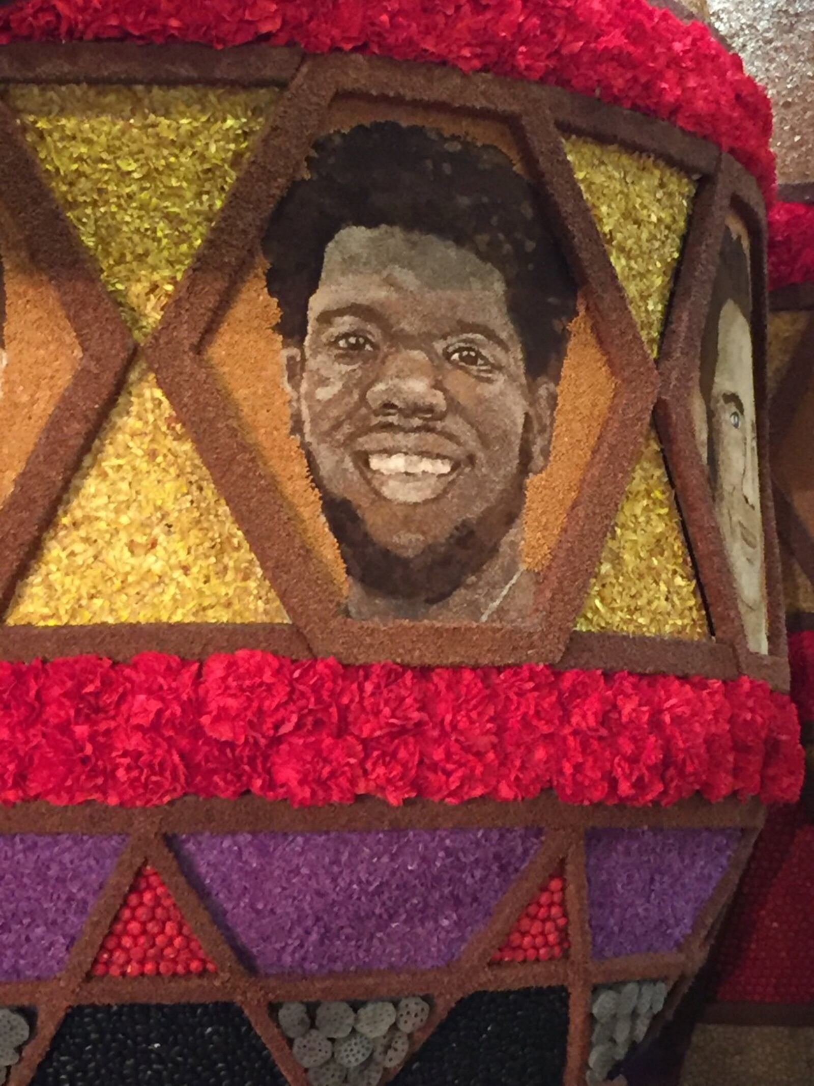 The floragraph of former Dayton Flyer Steve McElvene on Rose Bowl Parade float. CONTRIBUTED