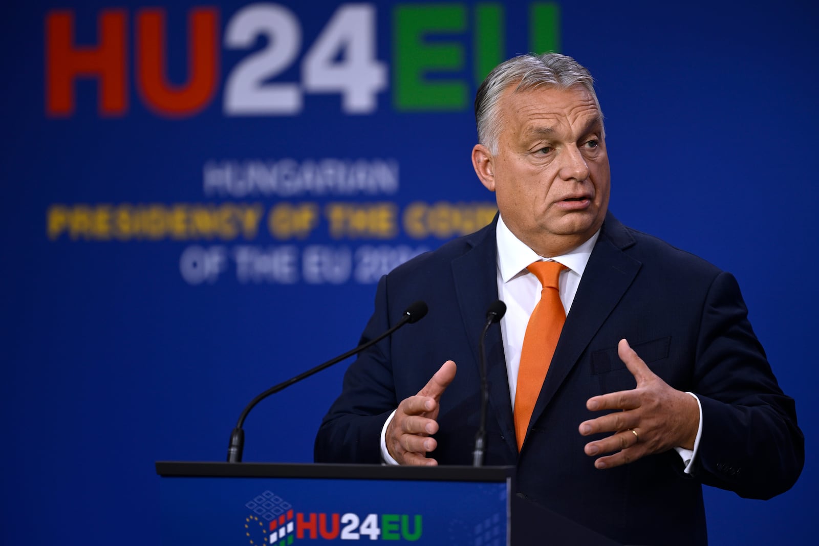 FILE - Hungary's Prime Minister Viktor Orban addresses a media conference at the end of an EU Summit at the Puskas Arena in Budapest, Nov. 8, 2024. (AP Photo/Denes Erdos, File)