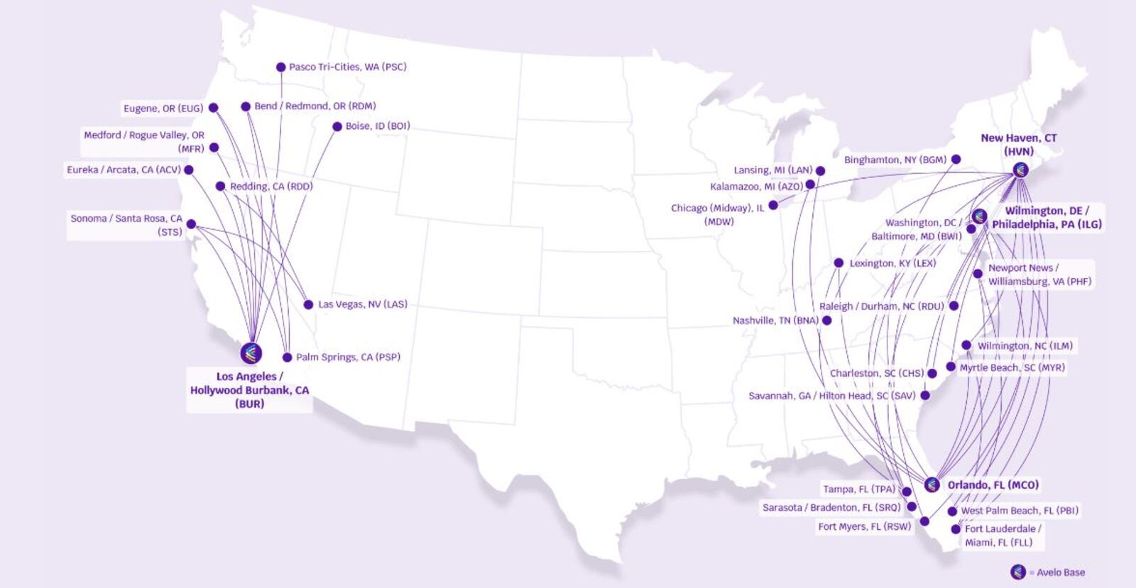 A map showing Avelo's 32 current destinations. Not show is the new flight at the Dayton International Airport. CONTRIBUTED