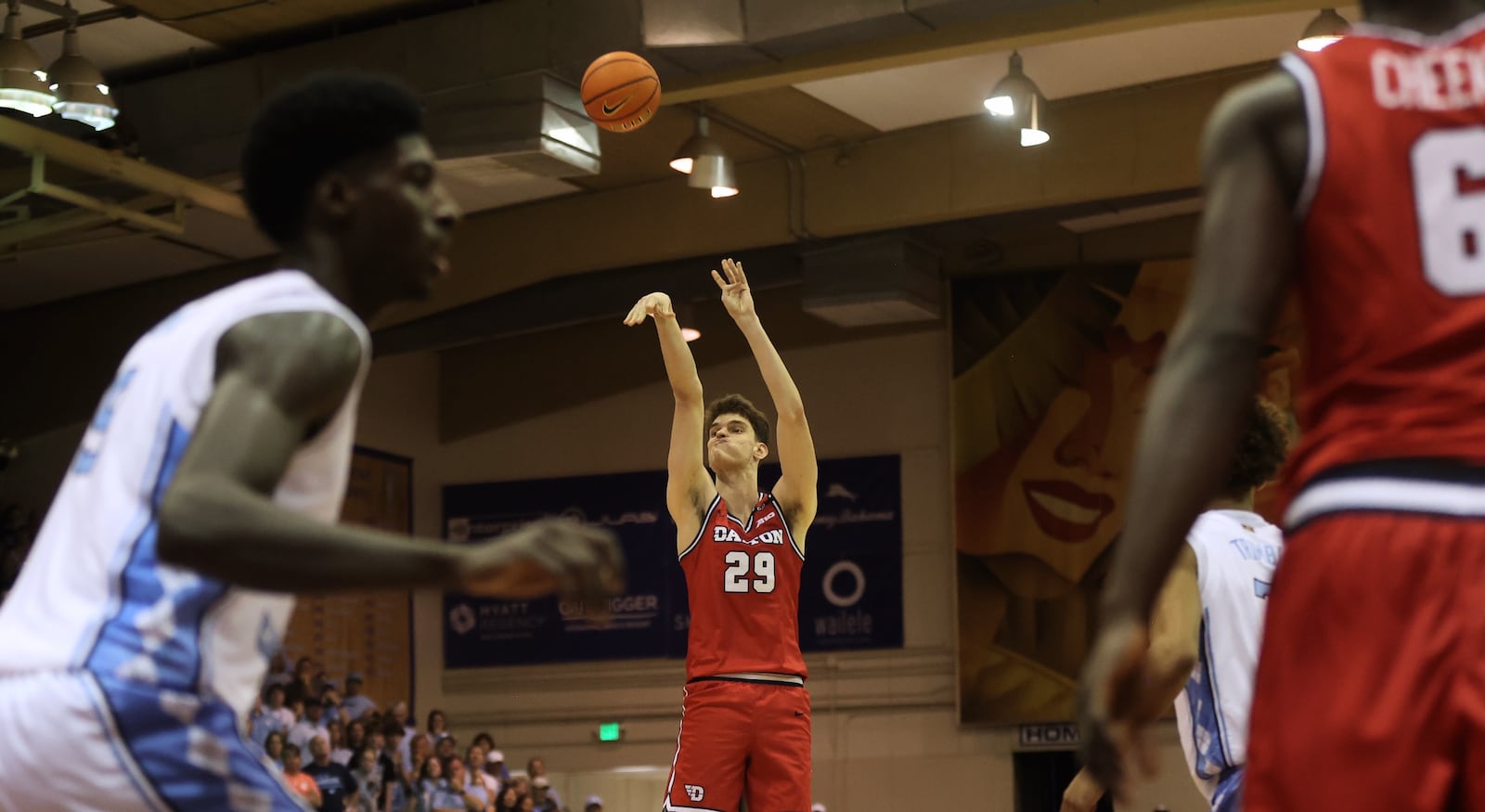 Dayton's Amael L'Etang makes a 3-pointer late in the second half against North Carolina in the first round of the Maui Invitational on Monday, Nov. 25, 2024, at the Lahaina Civic Center. David Jablonski/Staff